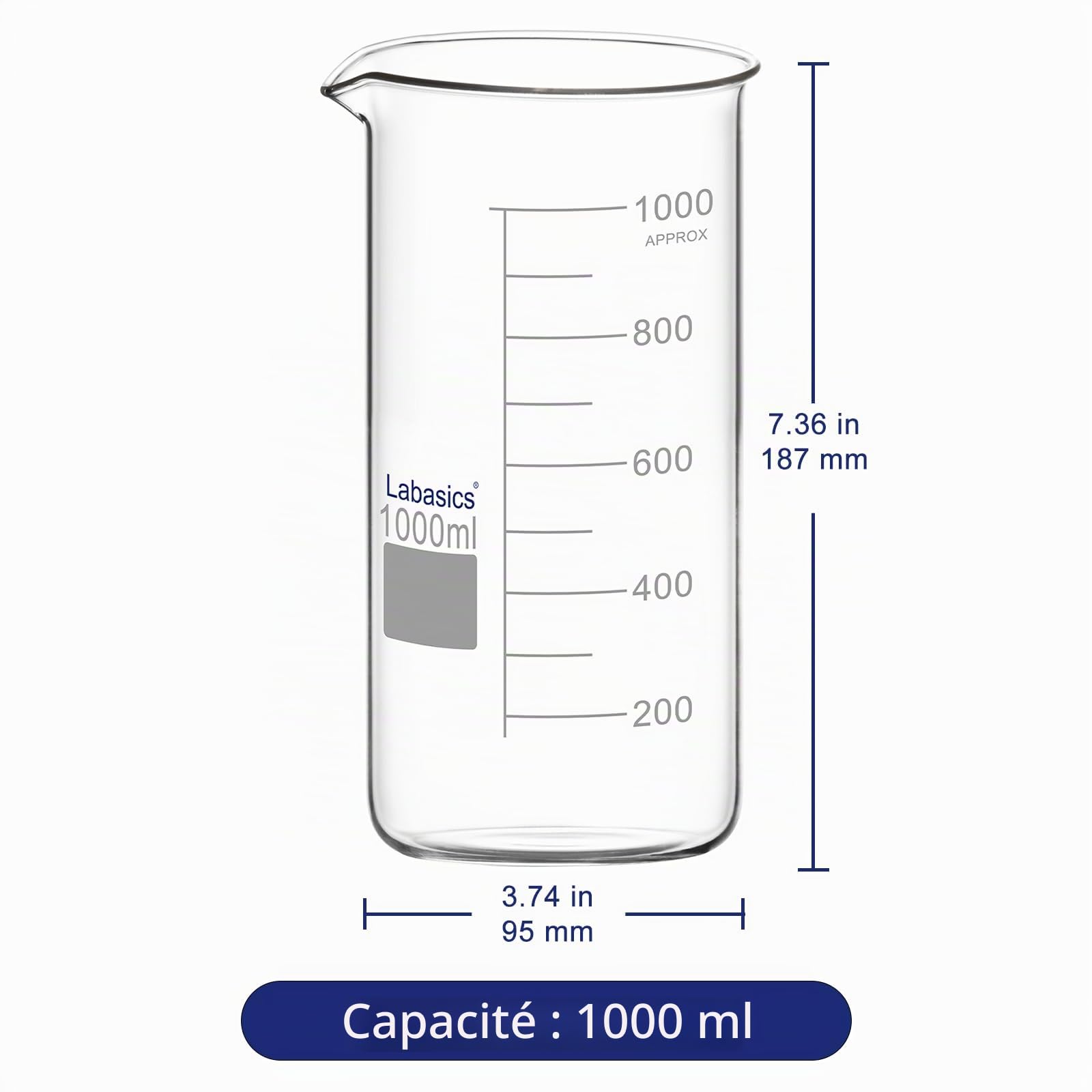 Labasics Bécher Haut en Verre, Bécher Haut Gradué en Verre Borosilicate avec Bec Verseur, Forme Griffin, 1 Pièce, 1000 ml