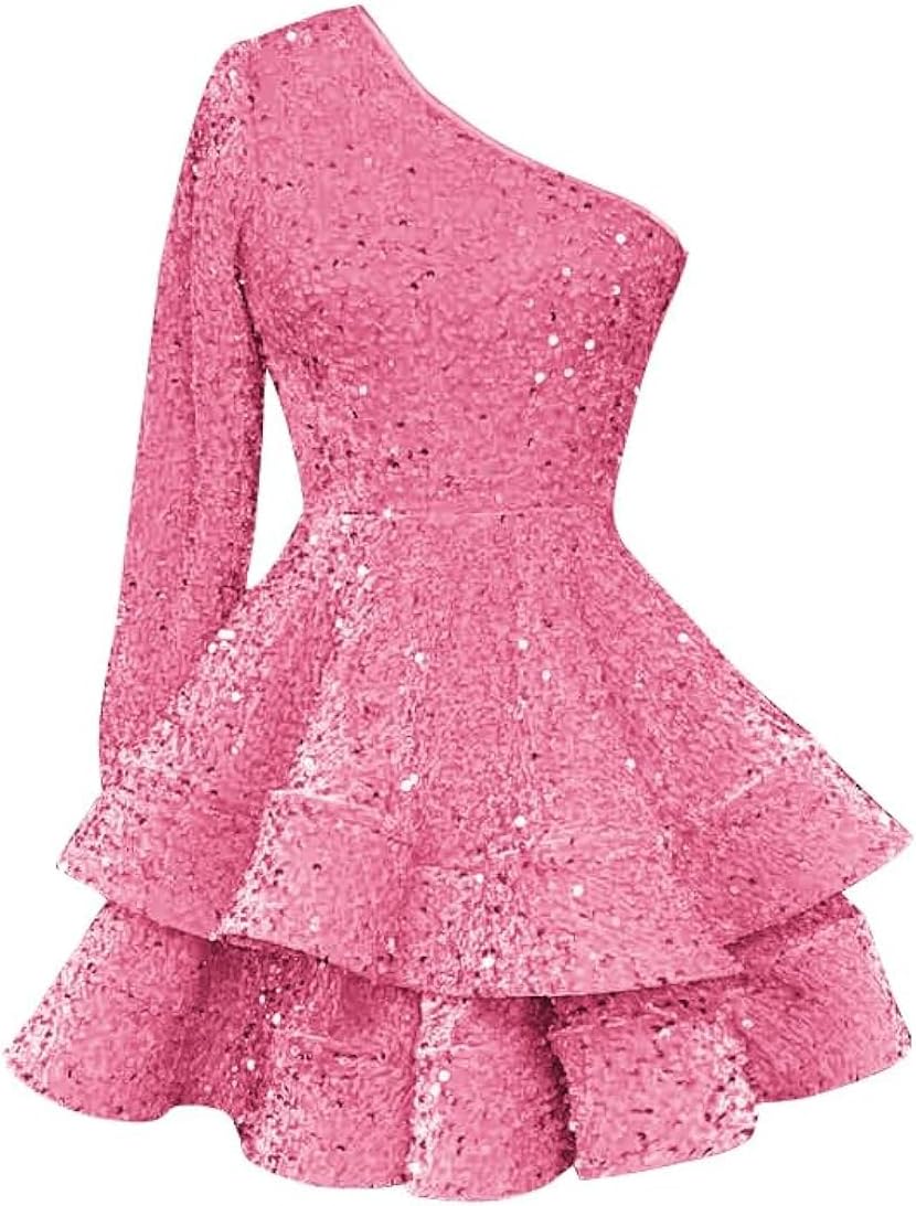 Women's One Shoulder Sequin Homecoming Dresses for Teens Puffy Layered Long Sleeve Short Cocktial Gown