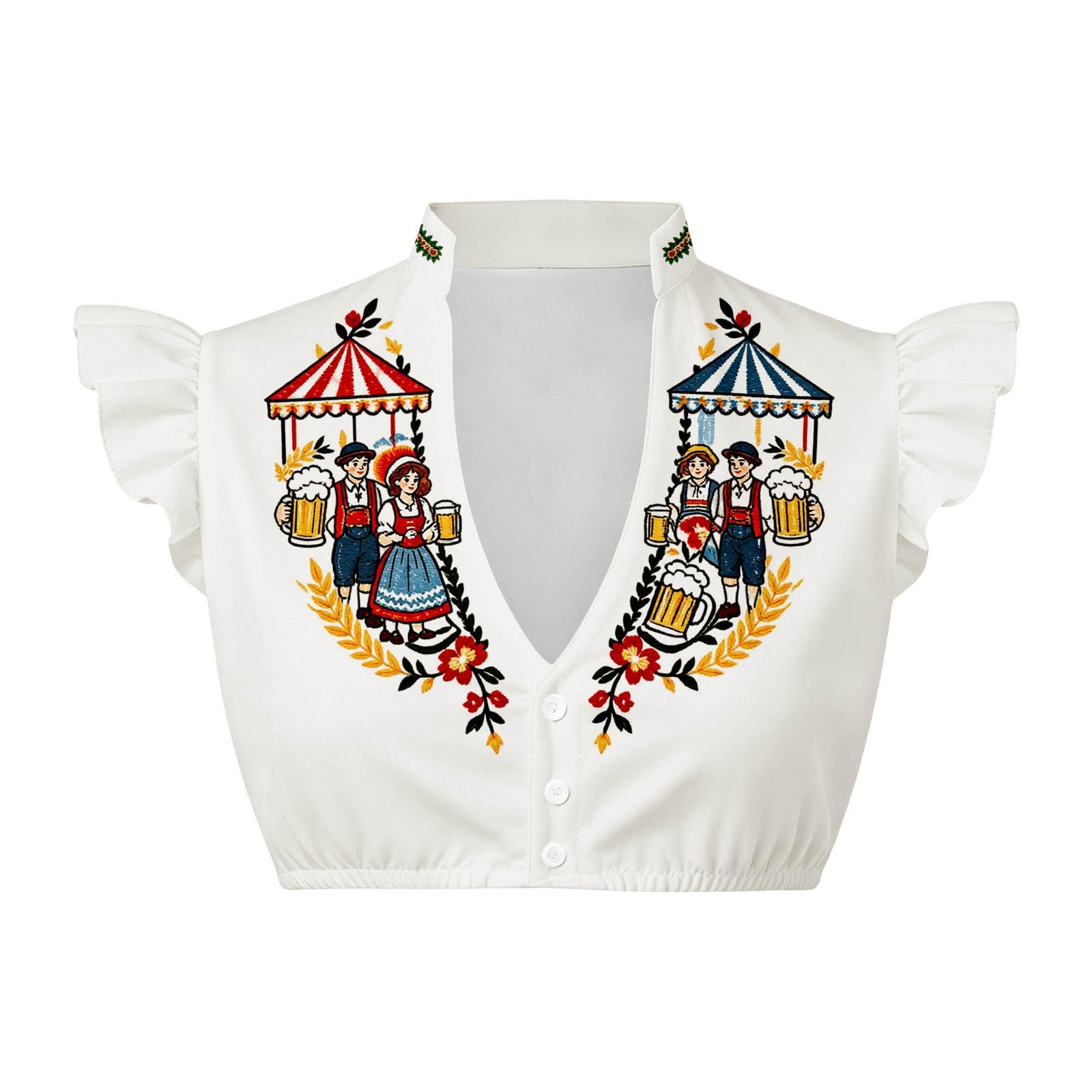 Generisch Camicetta da donna con maniche ad aletta, camicetta bavarese bianca per feste della birra, con stampa, per abbigliamento, biancheria da notte e loungewear