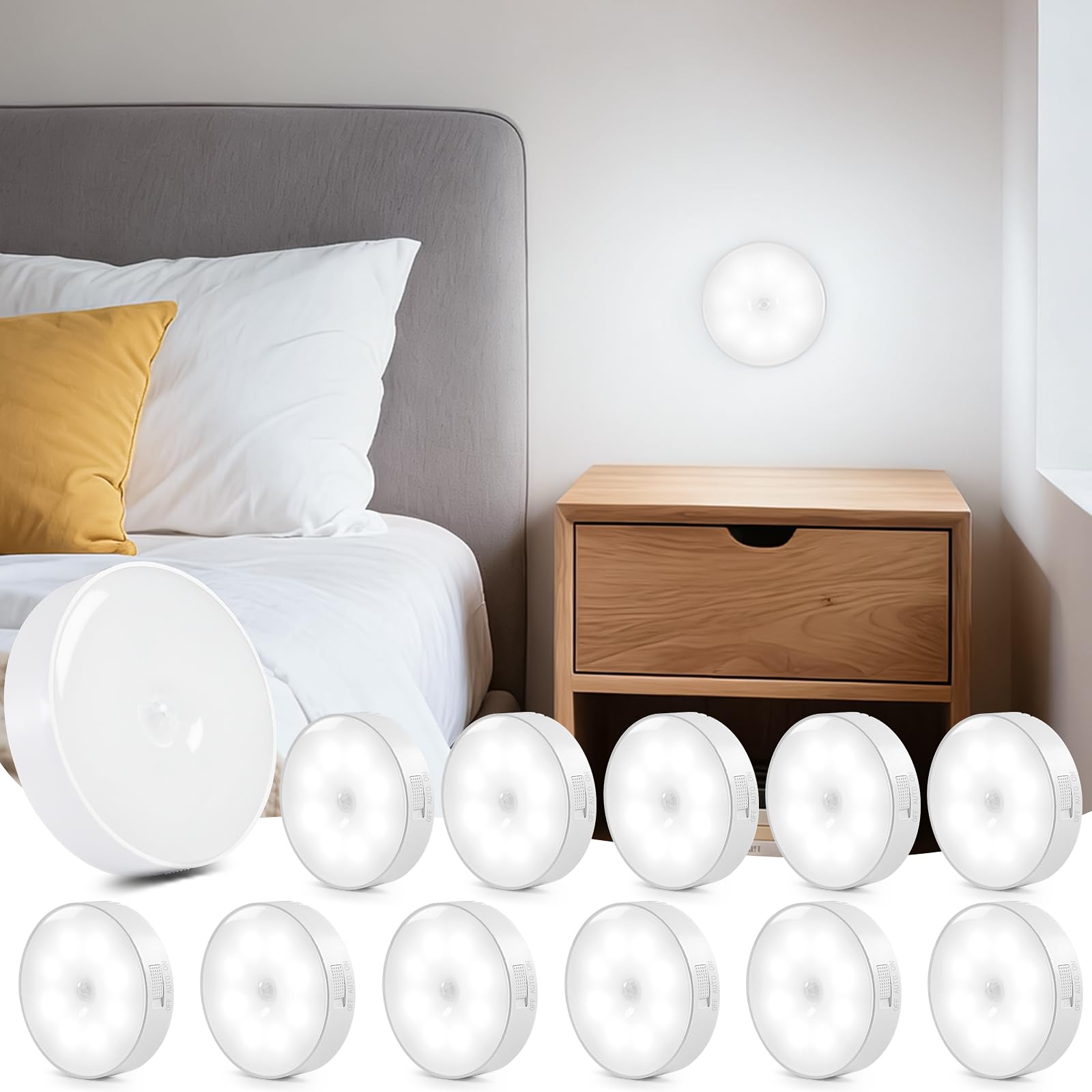 Aurevita Motion Sensor Lights Indoor, 12 Pack Cupboard Light, Stair Lights Night Light, 3 Modes USB Charging Wall, Magnetic for Kitchen Stair Closet Under Cabinet (Cold White, 12)