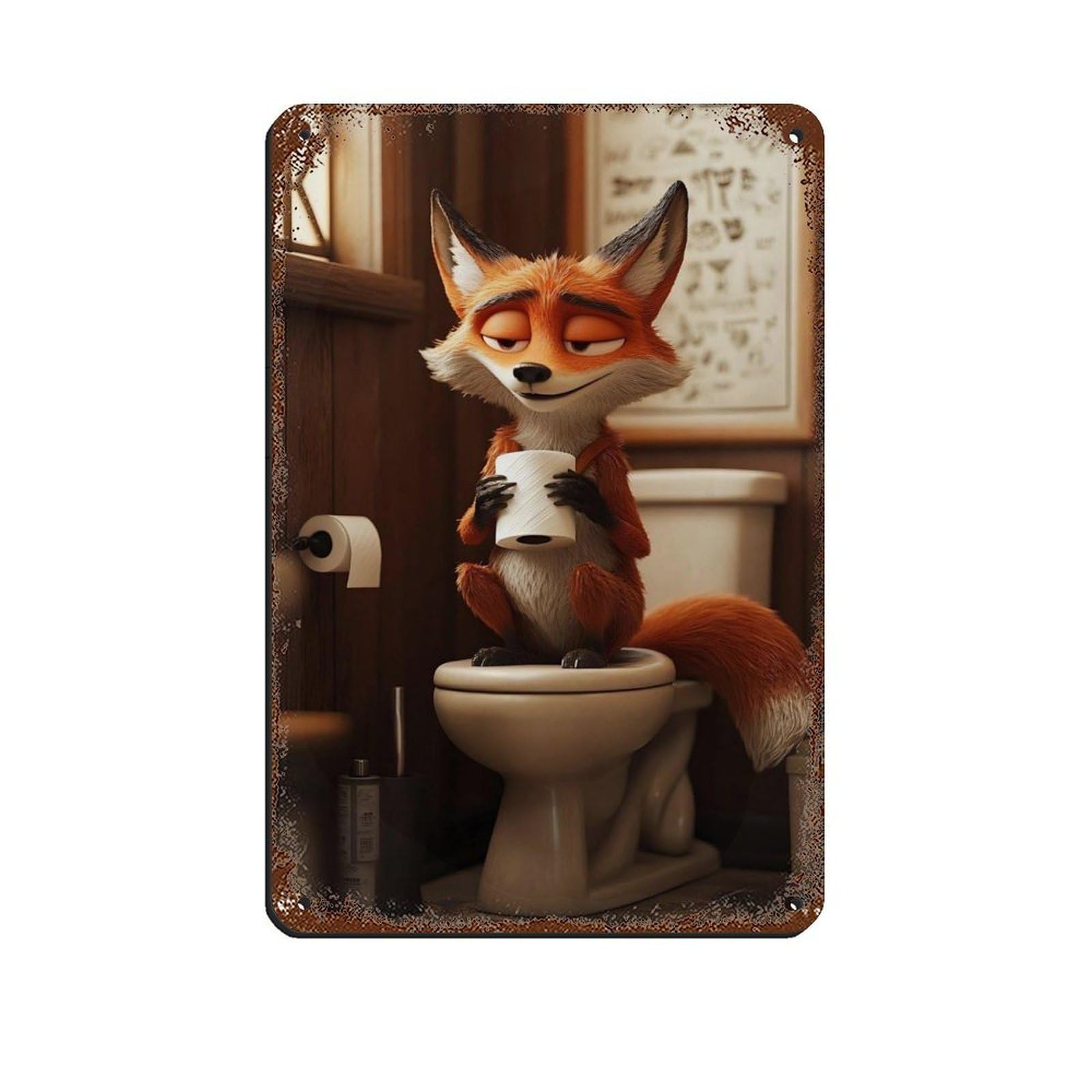Funny Fox BathroomCute Fox Holding Toilet Paper Retro Poster Metal Tin Sign Chic Art Retro Iron Painting Bar People Cave Cafe Family Garage Poster Wall Decoration 8x12inch(20x30cm)