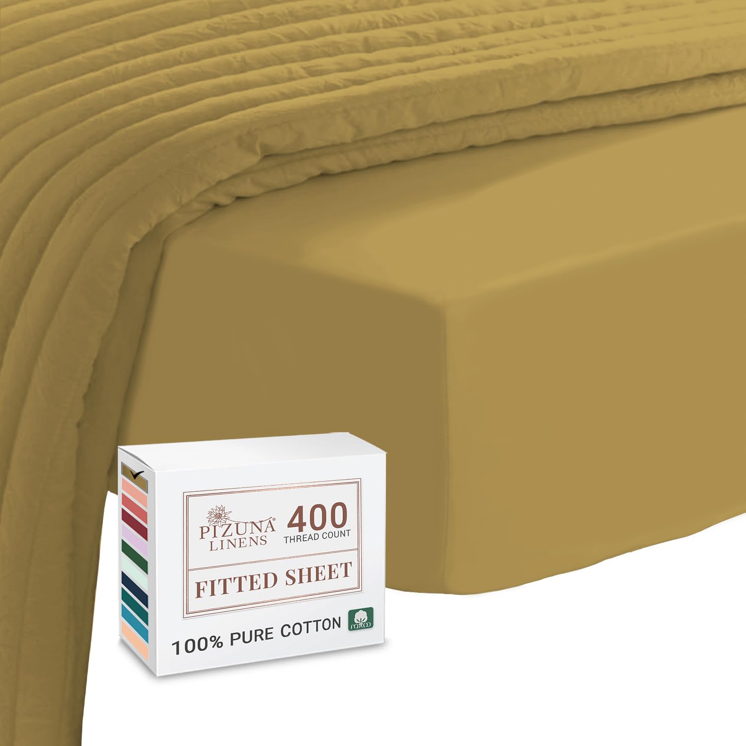 Pizuna Mustard Gold 100% Cotton Emperor Fitted Sheet 400 Thread Count Long Staple Cotton Emperor Fitted Sheets 200X200cm, Sateen Weave Fitted Sheet Extra Deep 40 Cm 1 Pc