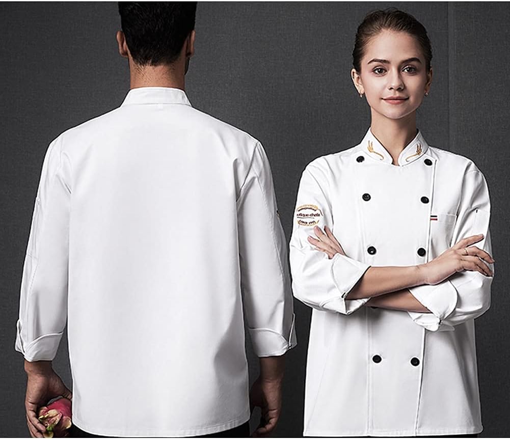 Chef Coat, Unisex Chef Coat Jacket, Hotel/Kitchen Long Sleeved Double Breasted Uniform for Men and Women, Breathable Kitchen Work Wear(White_B(L))