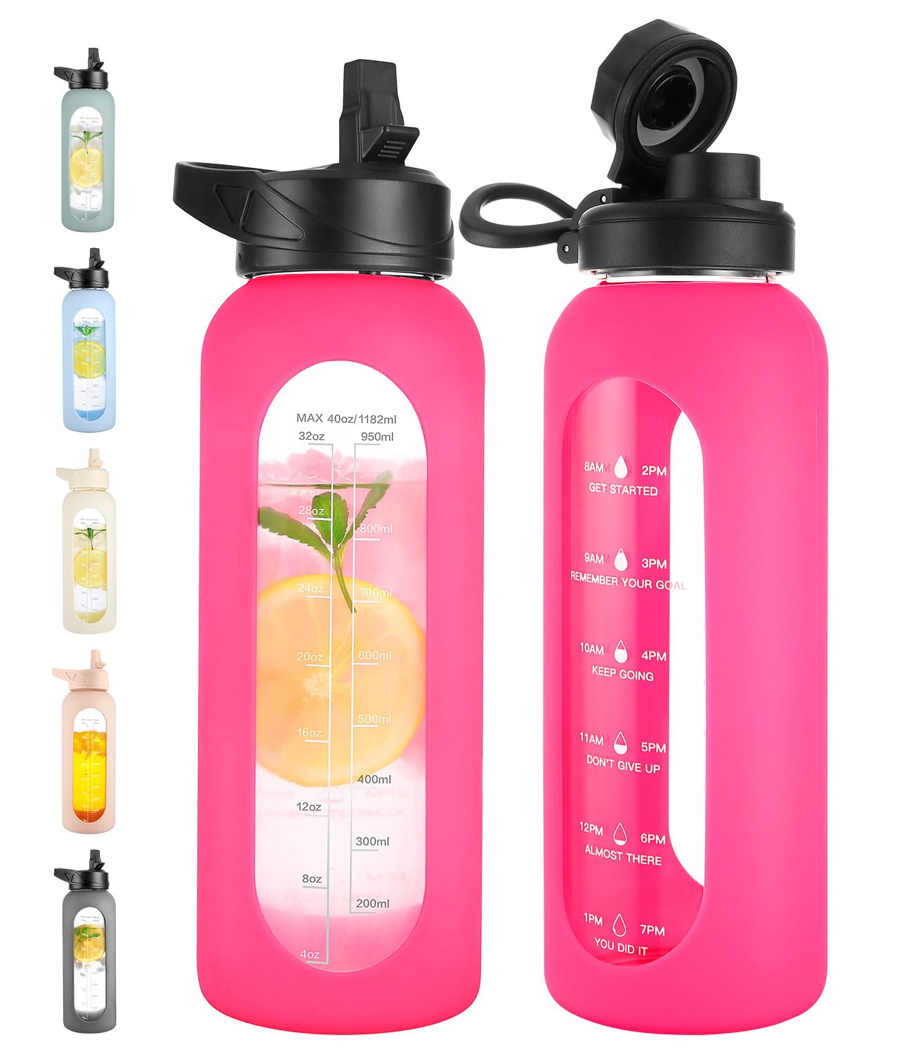 CIVAGO 40 oz Glass Water Bottle with Straw, Large Motivational Water Jug