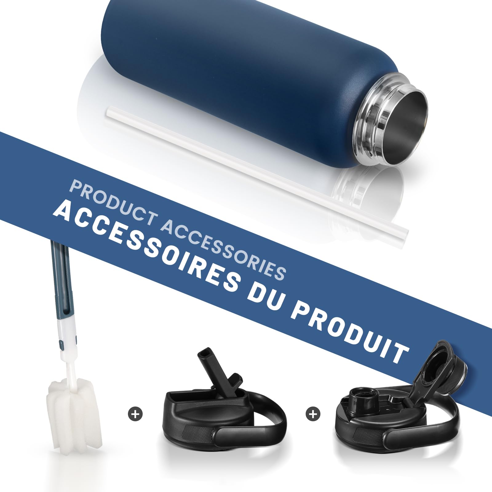 Fjbottle Borraccia Termica con cannuccia - 2xTappi - 950ML/1200ML Bottiglia Termica - Senza BPA/Senza Perdite Borracce acciaio inox per Scuola, Sport, Palestra, Ciclismo