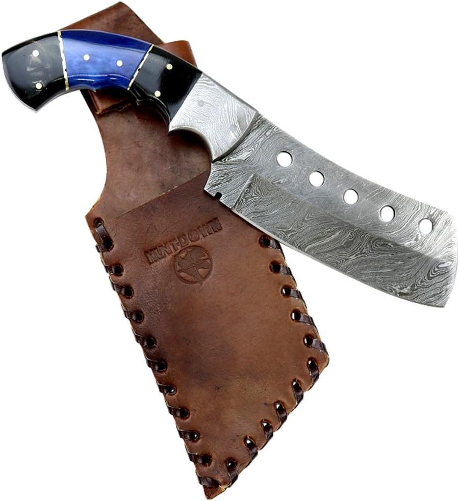 HUNT-DOWN 9.5" Damascus Blade Black & Blue Horn Handle Hunting Knife with Sheath