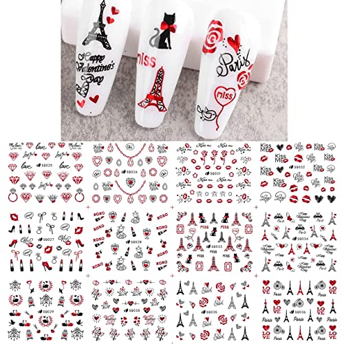 12 Sheets Valentine's Day Nail Decals - Sexy Red Lips, Rose, Diamond Heart, Eiffel Tower Designs - Self-Adhesive 3D Nail Art Supplies for Women & Girls