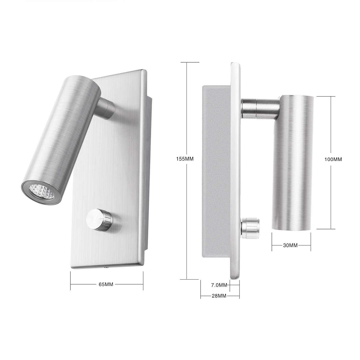 Meanyee Wandleselampe Wandleuchte Kopfteil Nachttischleuchte mit Drehschalter/Dimmbar/Verstellbarer Arm/Eingebettet/Nickel gebürstet / 3000K LED/MY-WN225B