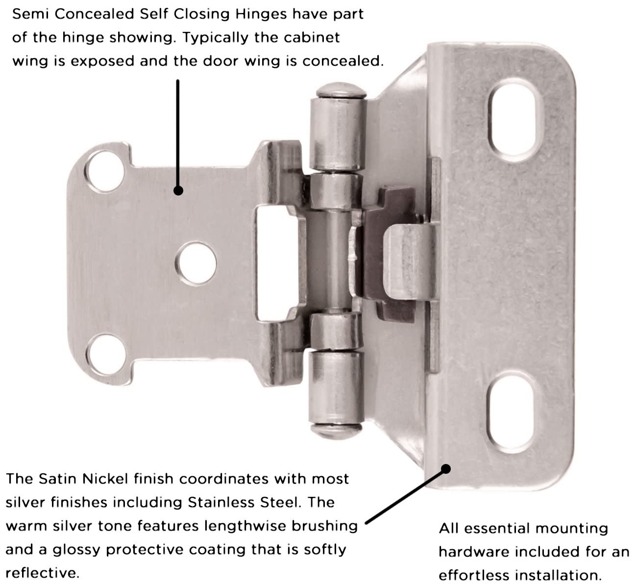 Hickory Hardware Semi-Concealed Cabinet Hinges - 1/2" Overlay Self-Closing Polished Brass