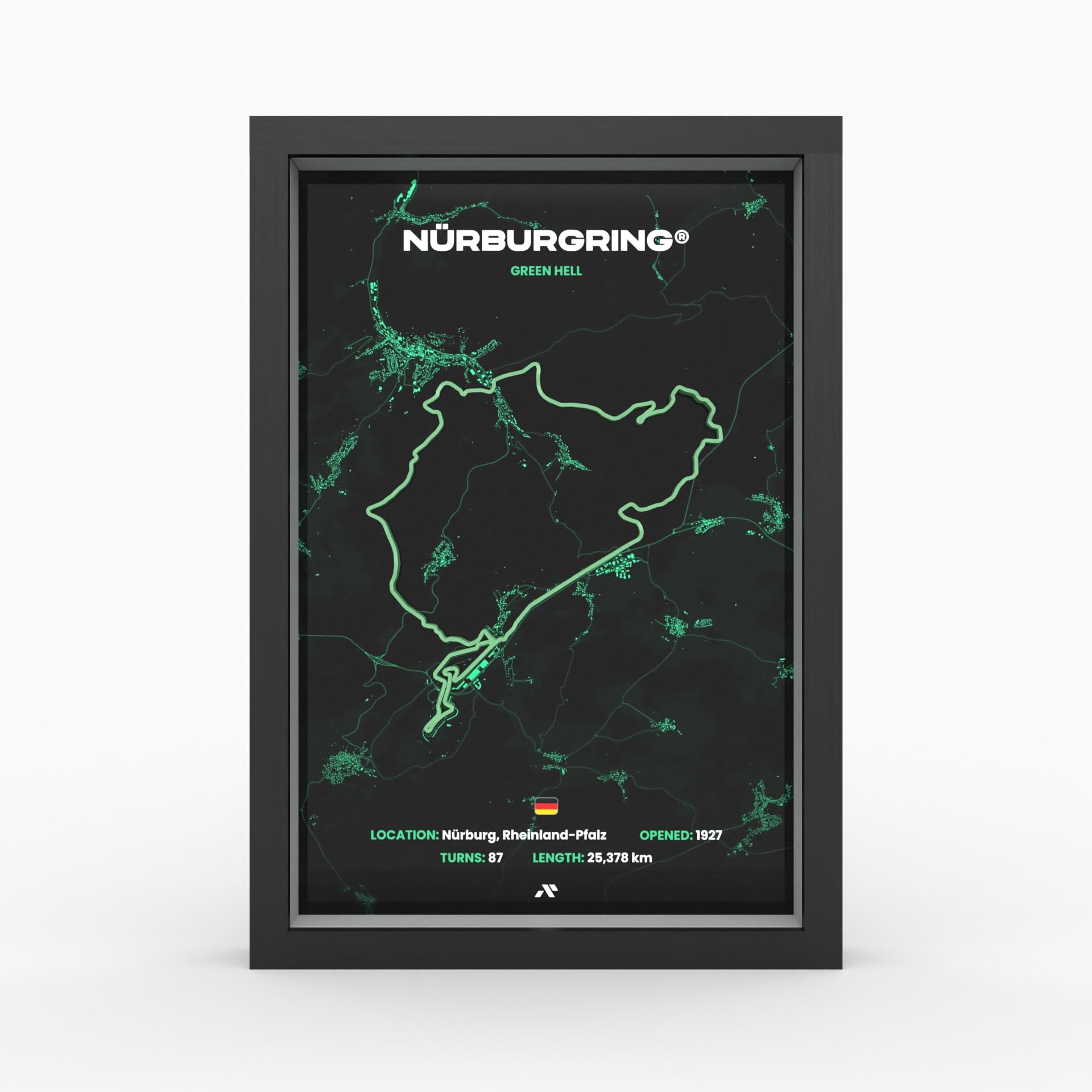 Generisch Nürburgring 3D Green Hell Motorsport A3 Poster in Cornice di Legno | Stampa 3D di Alta Qualità | Carta da 280g | Arte da Corsa 3D come Decorazione per Parete, Ufficio, Scrivania o come