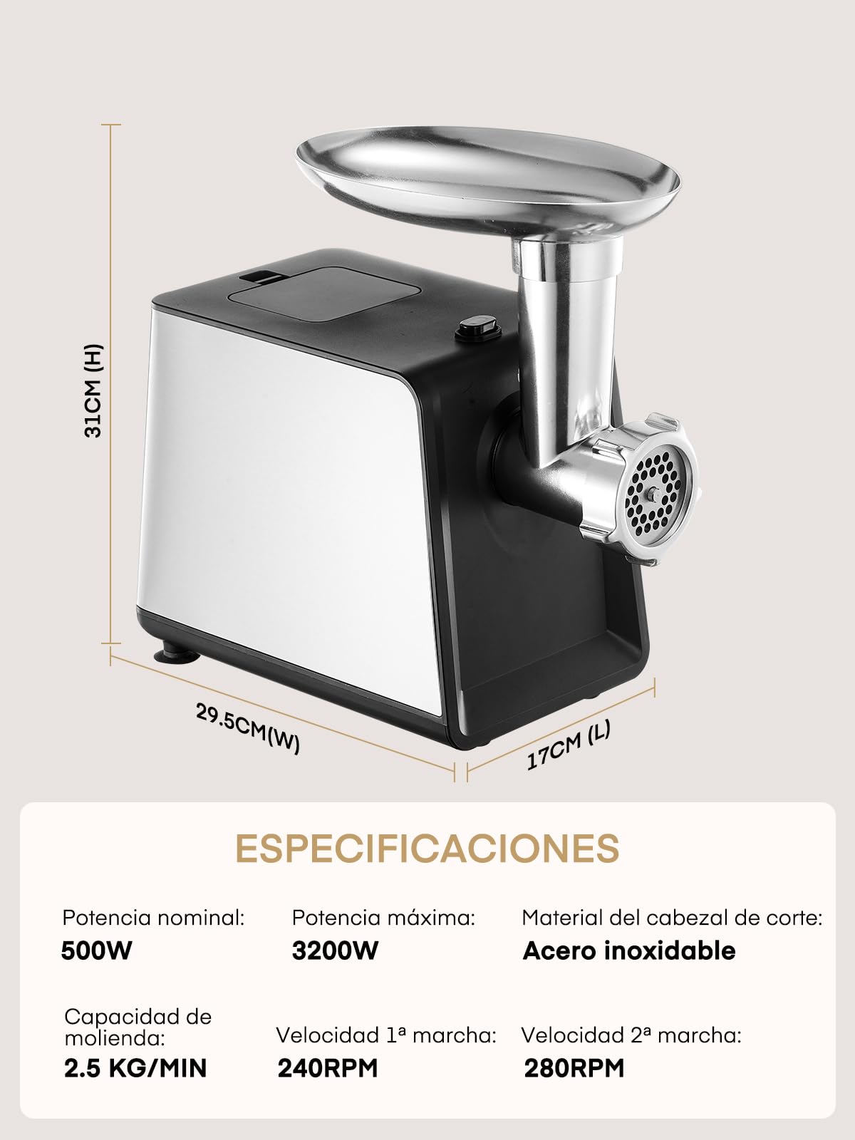FOHERE Picadora de Carne Eléctrica 3200W Max con 3 Platos y 3 Tubos | Picadora de carne en acero inoxidable con 2 cuchillas y kit Kubbe para hogar y carne de venado