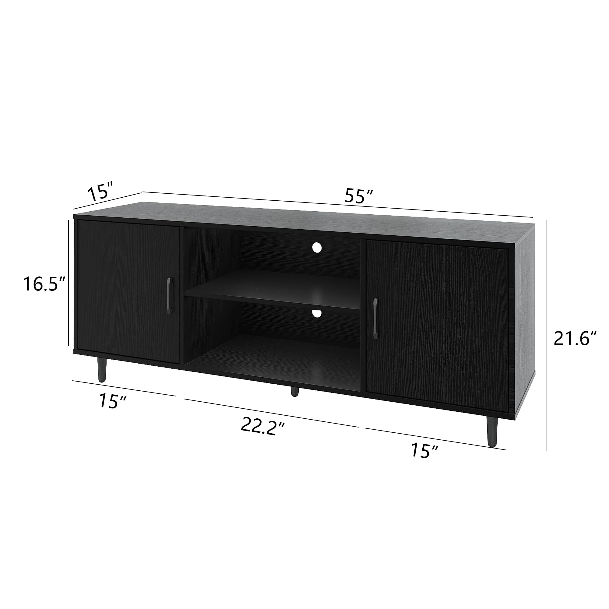 Modern TV Stand for 65 inch TV, TV Entertainment Center for Bedroom Living Room,TV Media Console Table with Storage Cabinets and Open Shelves,55 inch Wood TV Cabinet,Black