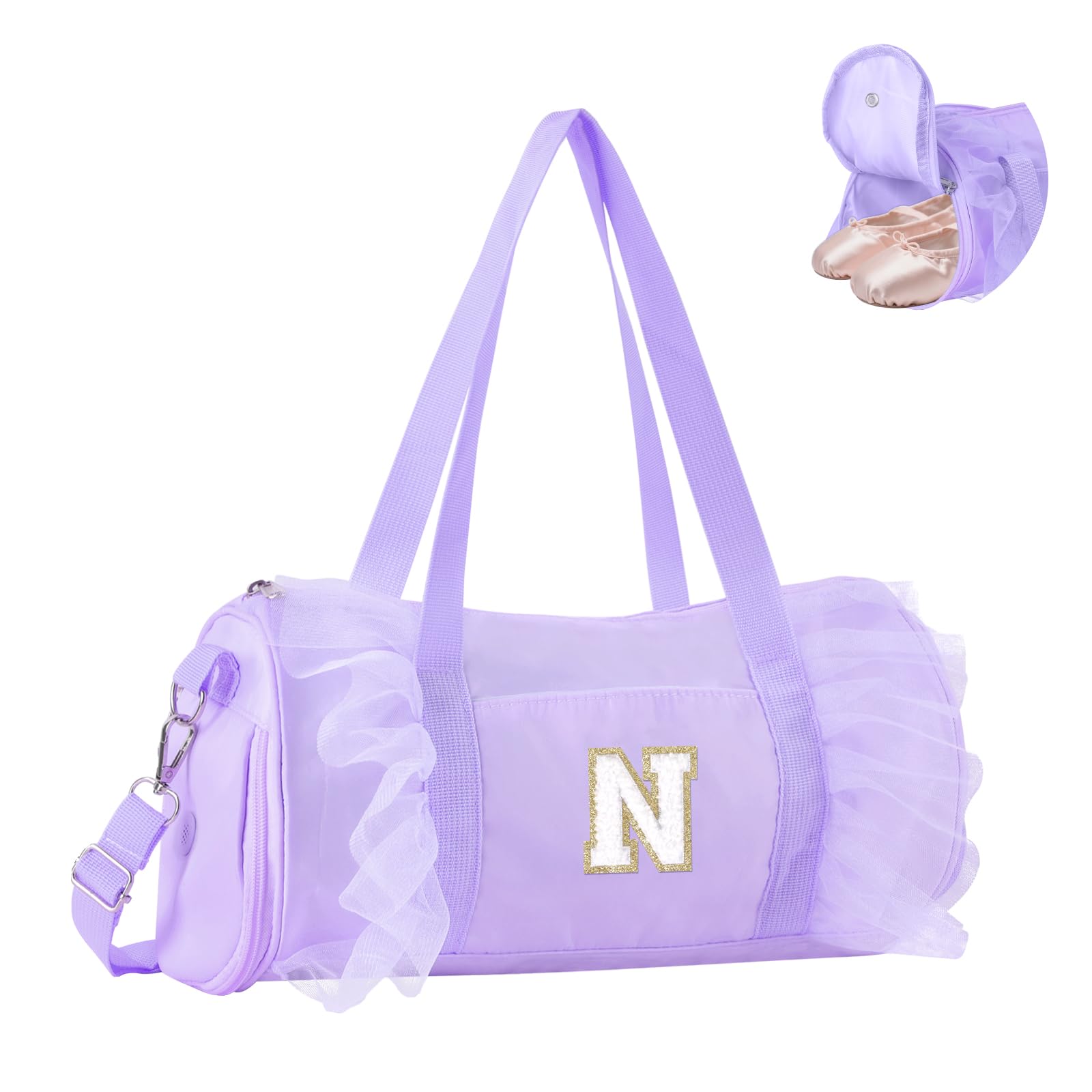 Personalized Initial Dance Bag for Girls 4-6, Small Lace Gym Sport Yoga Cheer Dance Bags Gift for Teen Girls, Cute Letter Kids Ballet Bag Toddler Travel Duffel Tote with Adjustable Straps(Purple-N)