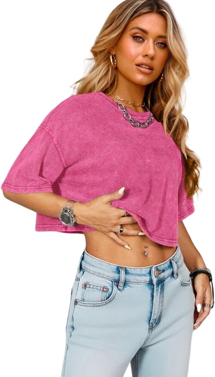 Lancifolium Women's Vintage Washed Cropped T-Shirt - Oversized Short Sleeve Casual Crewneck Crop Tops - Image 3