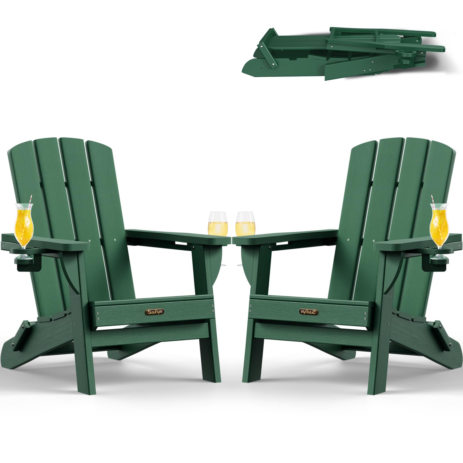 SUUNYN Folding Adirondack Chair 2 Pack, HDPE All-Weather Fire Pit Chairs, Plastic Adirondack Chairs with 2 Cup Holder, Outdoor Lawn Chair for Patio Garden (Green)