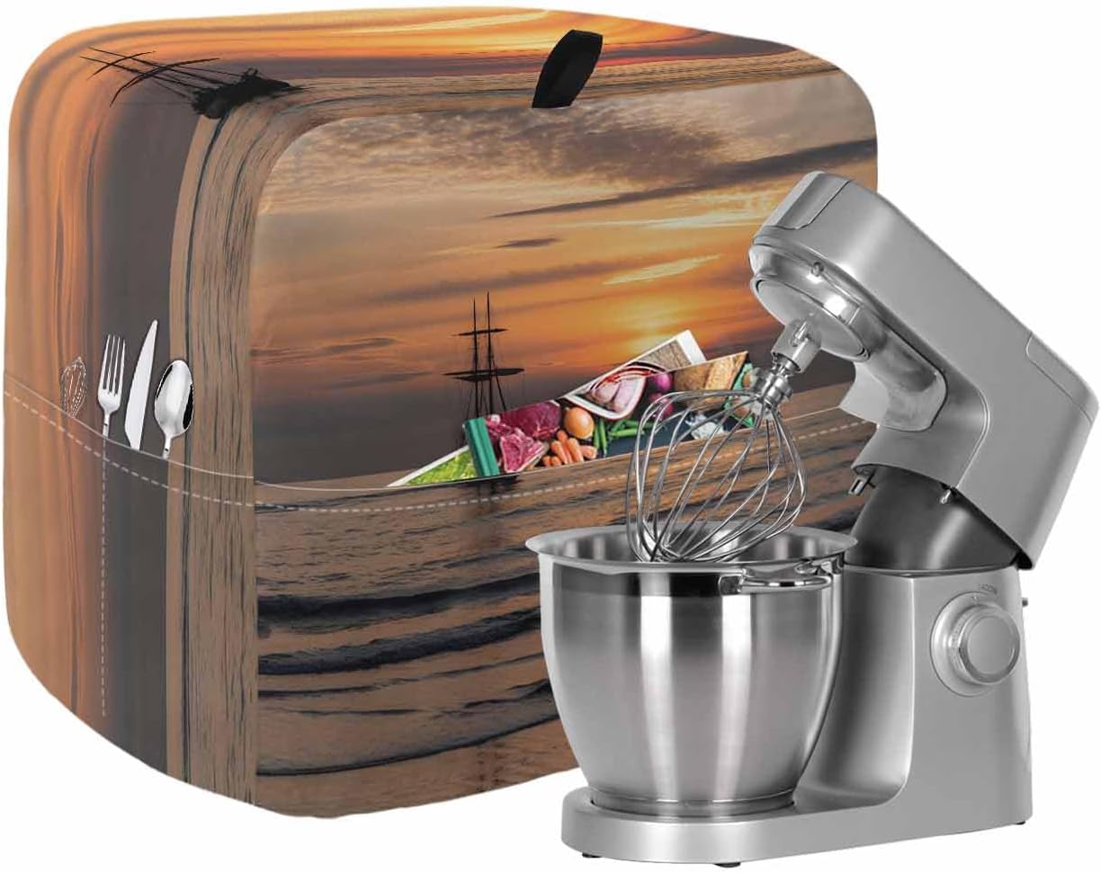 Summer Sunets Stand Mixer Cover with Storage Pocket, Waterproof Kitchen Mixer Covers, Coastal Beach Sailing Boats Oceans Kitchen Appliance Dust Cover Compatible with 6-9 Quart Mixers