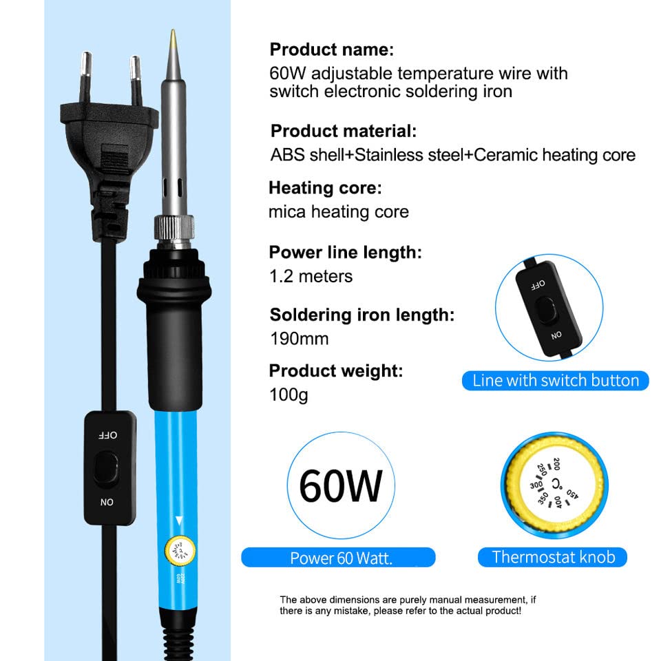 Techtest 14 in 1 Soldering Iron Kit Adjustable Temperature 5 Tips Internal Heating 60w Welding Tool 50gm Solder wire Desoldering Pump Solder wick 2 Tweezer Combination Set Plastic Toolbox