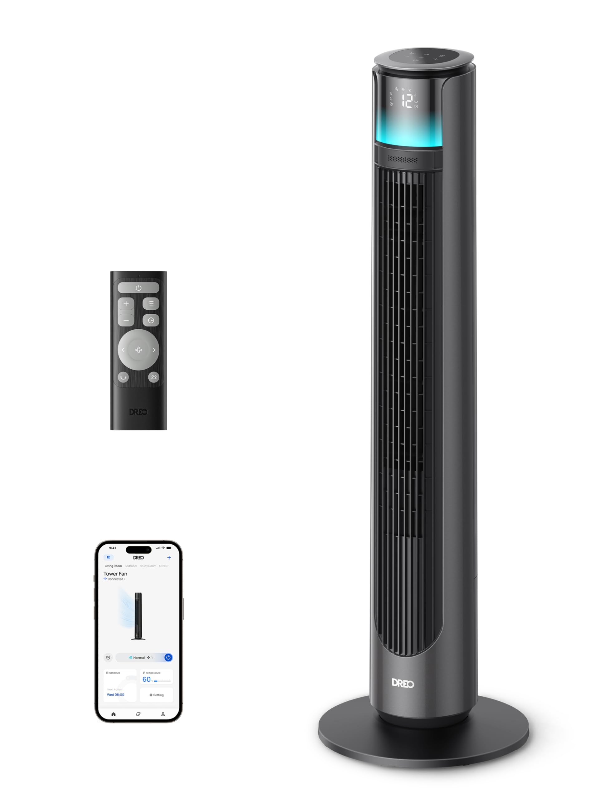 DREO Smart Tower Fan for Outdoor & Indoor Use, 33 ft/s High Velocity with DC Motor, 150° Customizable Oscillating Standing Floor Fan, 12 Speeds, 4