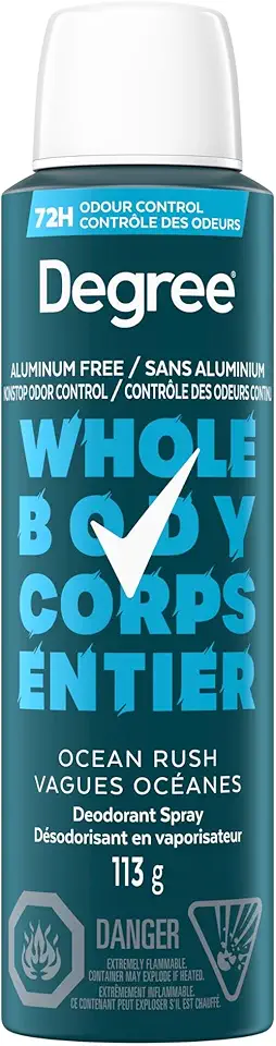 Degree Men Men Whole Body Deodorant Spray, Ocean Rush Scent, Aluminum Free 72H Odour Protection, 113g