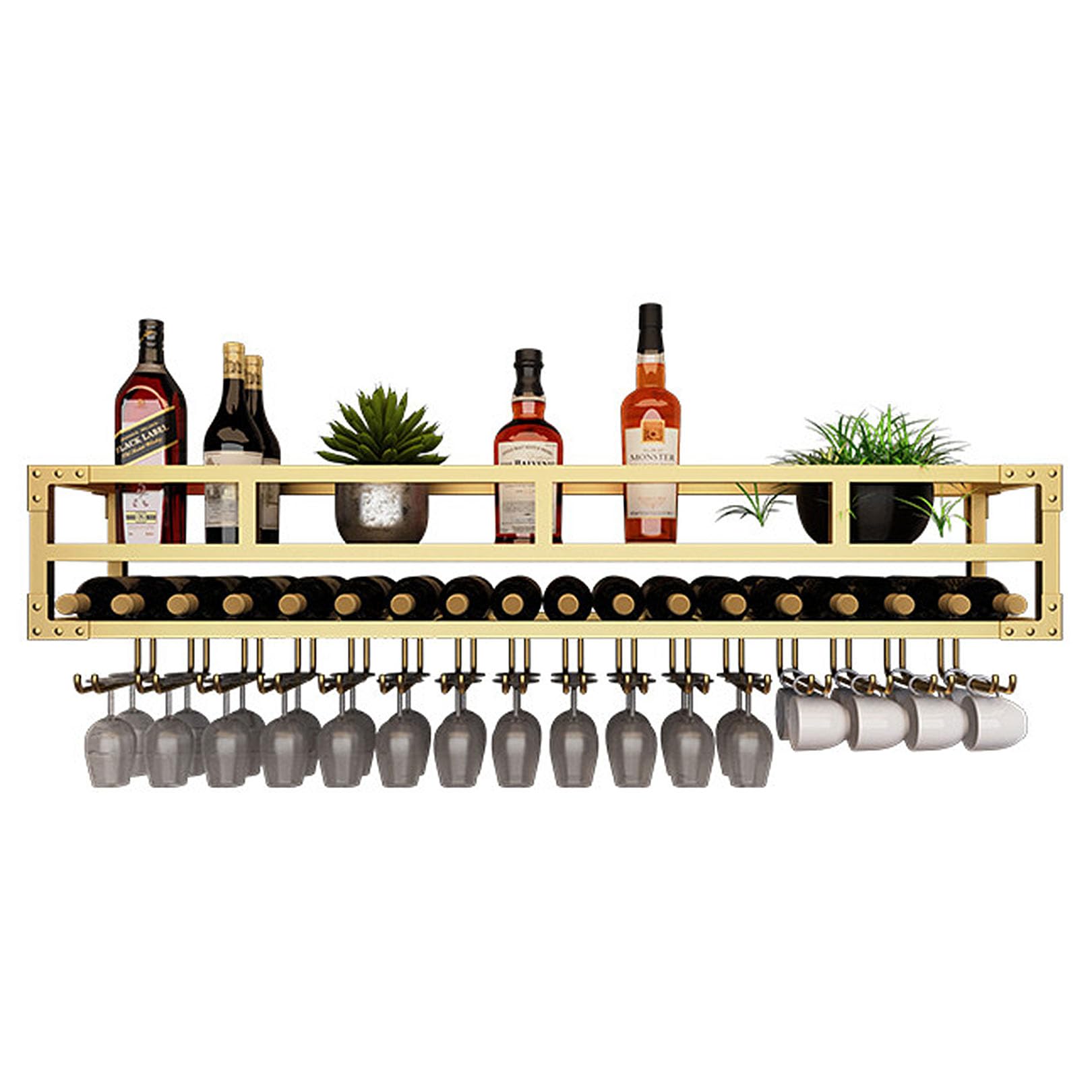 XIaoHESHop Wall Mounted Wine Bottle Rack Gold LED Bar Liquor Shelves Shelf with Glass Holder Hanging Display Rack Wine Organizer for Home Bar Dining Room(Gold)