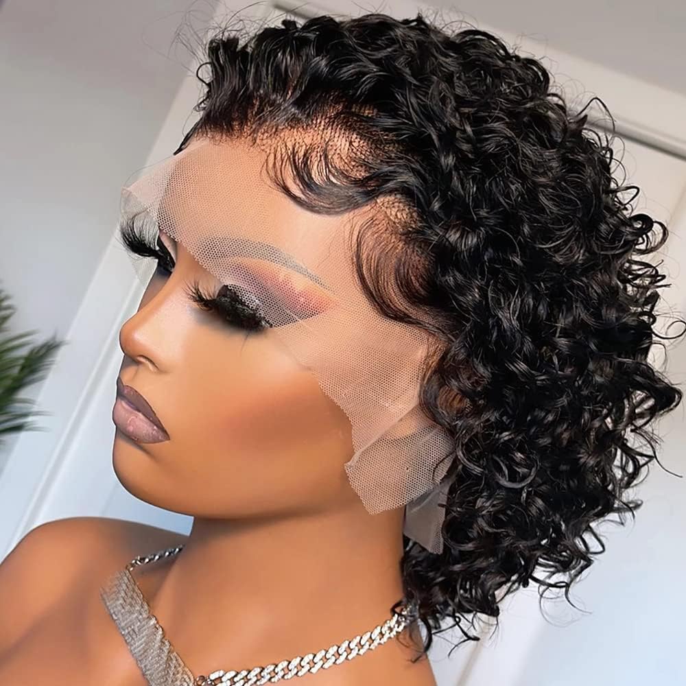 Pixie Cut Short Curly 13x1 Transparent HD Lace Front Wigs Brazilian Human Hair Pre Plucked Curly Wigs 150% Density