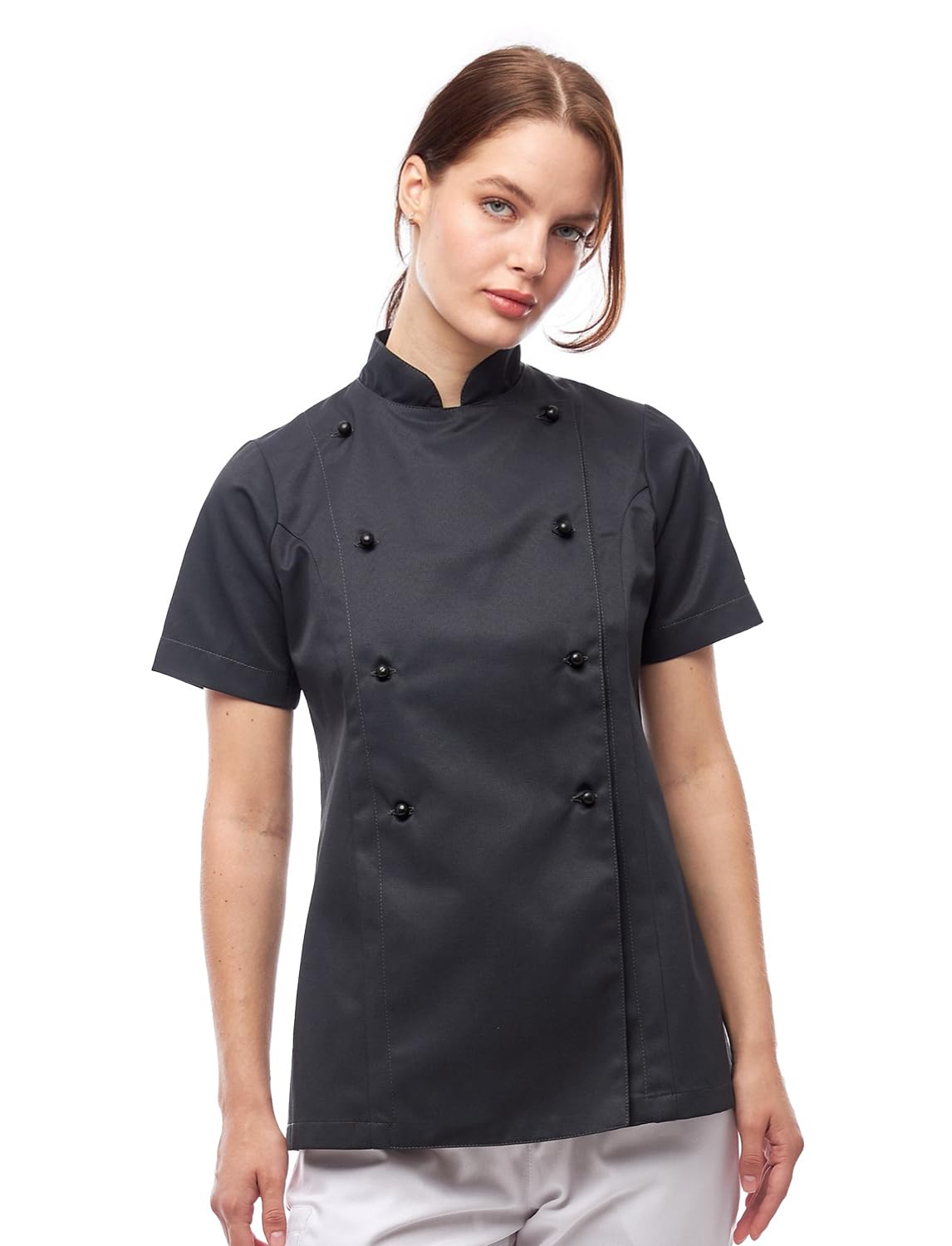 strongAnt Veste de cuisine pour femme à manches courtes ou longues avec boutons sphériques en coton, easyClean. uniforme de cuisinier, veste de boulanger