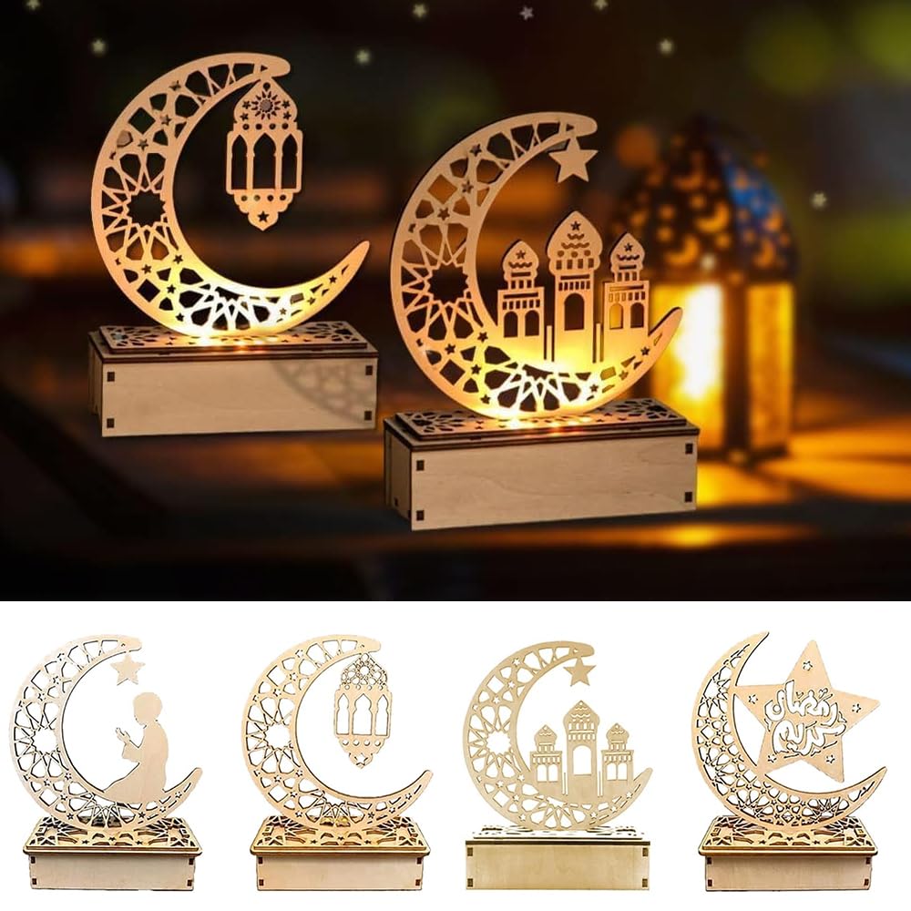 Yoawllty Ramadan Decorations Lights,Ramadan Lights,Home Decorations of Eid Mubarak Moon Shape Carving Hollow Light Wood Crafts Decoration Night Light