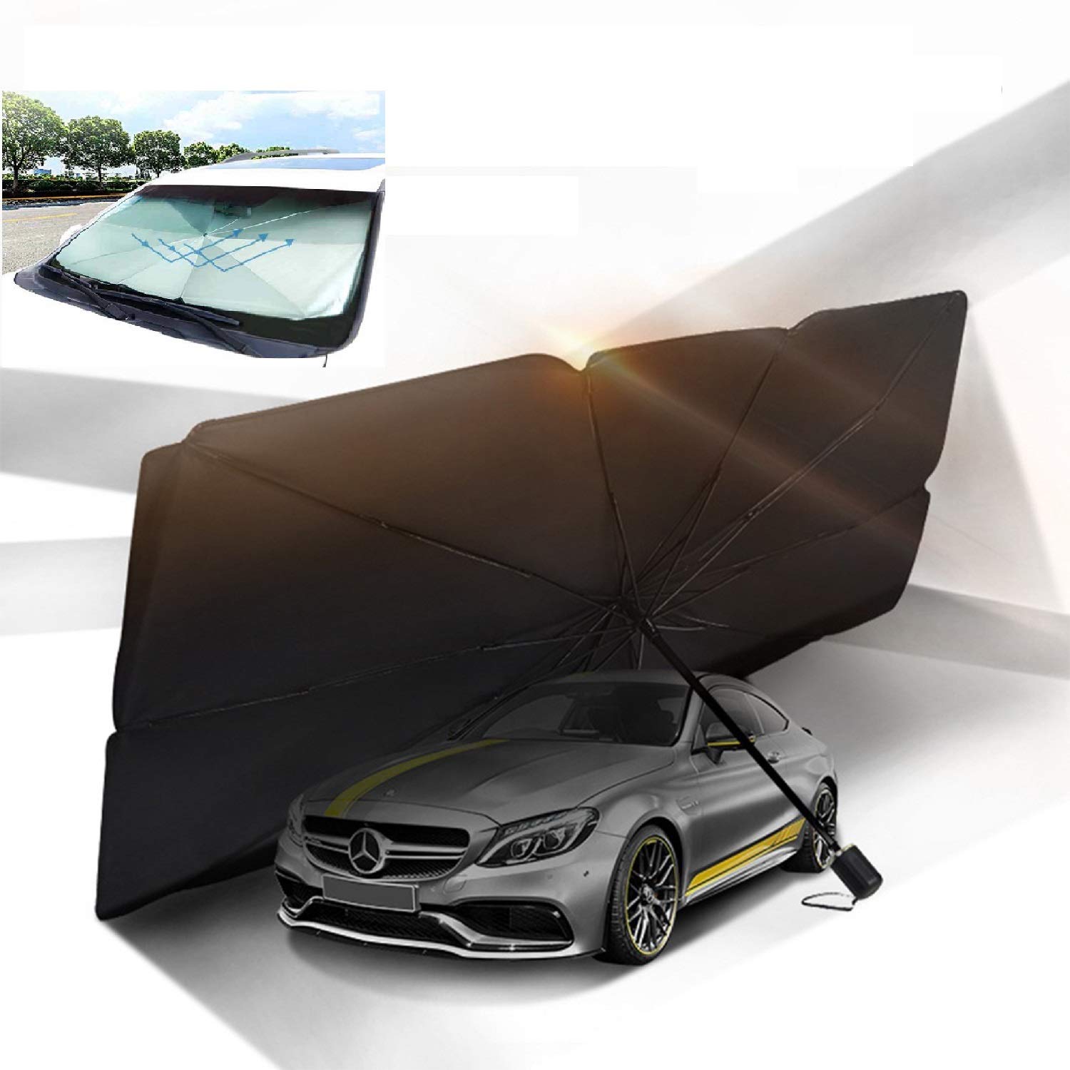 Moonshuttle Umbrella Style Portable Foldable Sunshade Car Windshield Outdoor Storage Dashboard (Large)