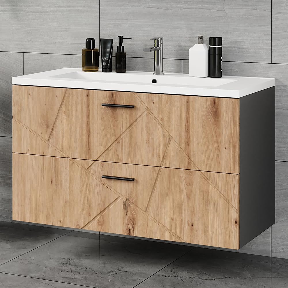 Vicco Conjunto de Muebles de baño Irma, Antracita/Roble Dorado, 100 cm | compuesto por mueble bajo de baño y lavabo