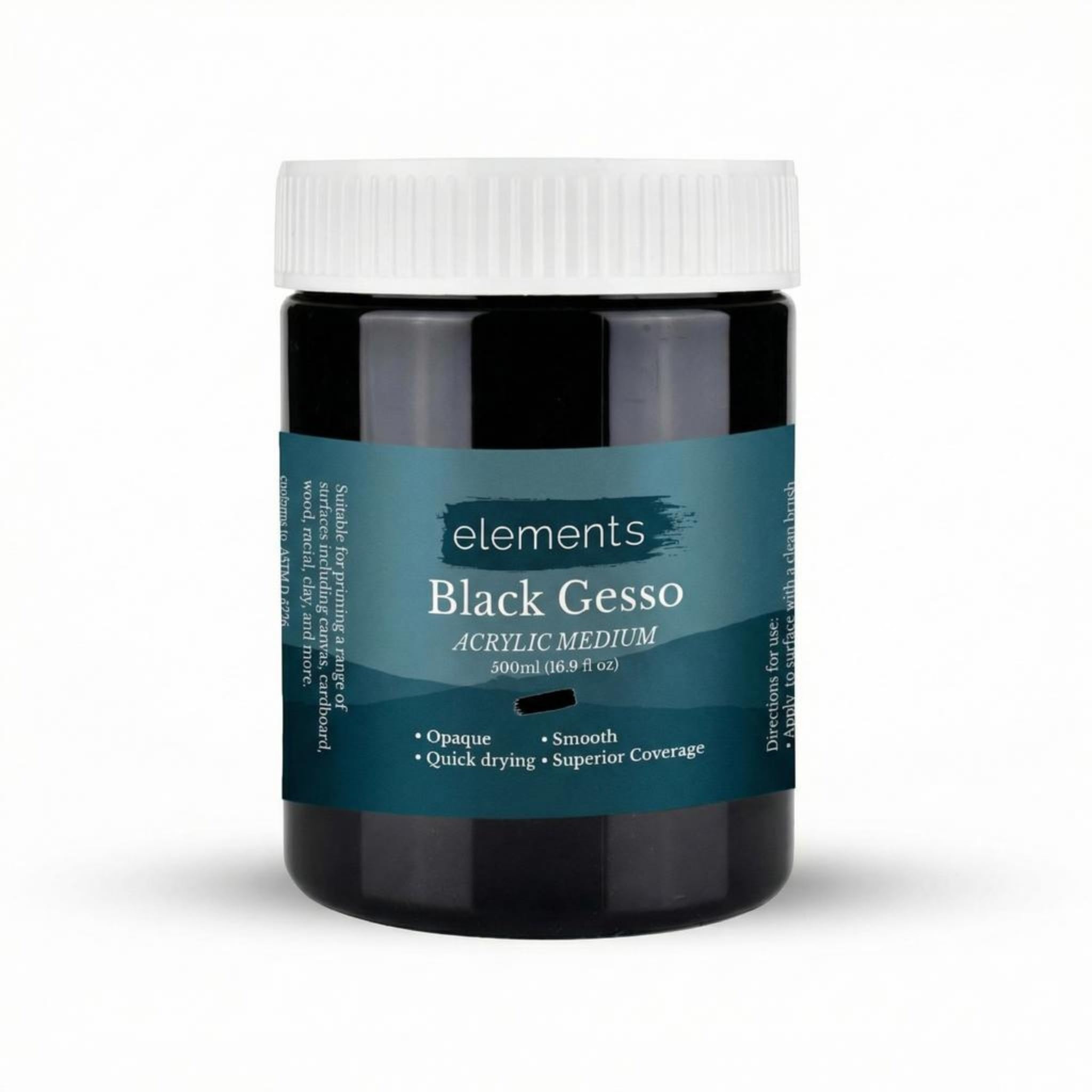 Elements Black Gesso Acrylic Medium – Professional Grade Surface Prep Paint with Liquid Primer Texture – High Opacity Gesso Primer for Acrylic Painting on Canvas, Wood & Board – 500 ml