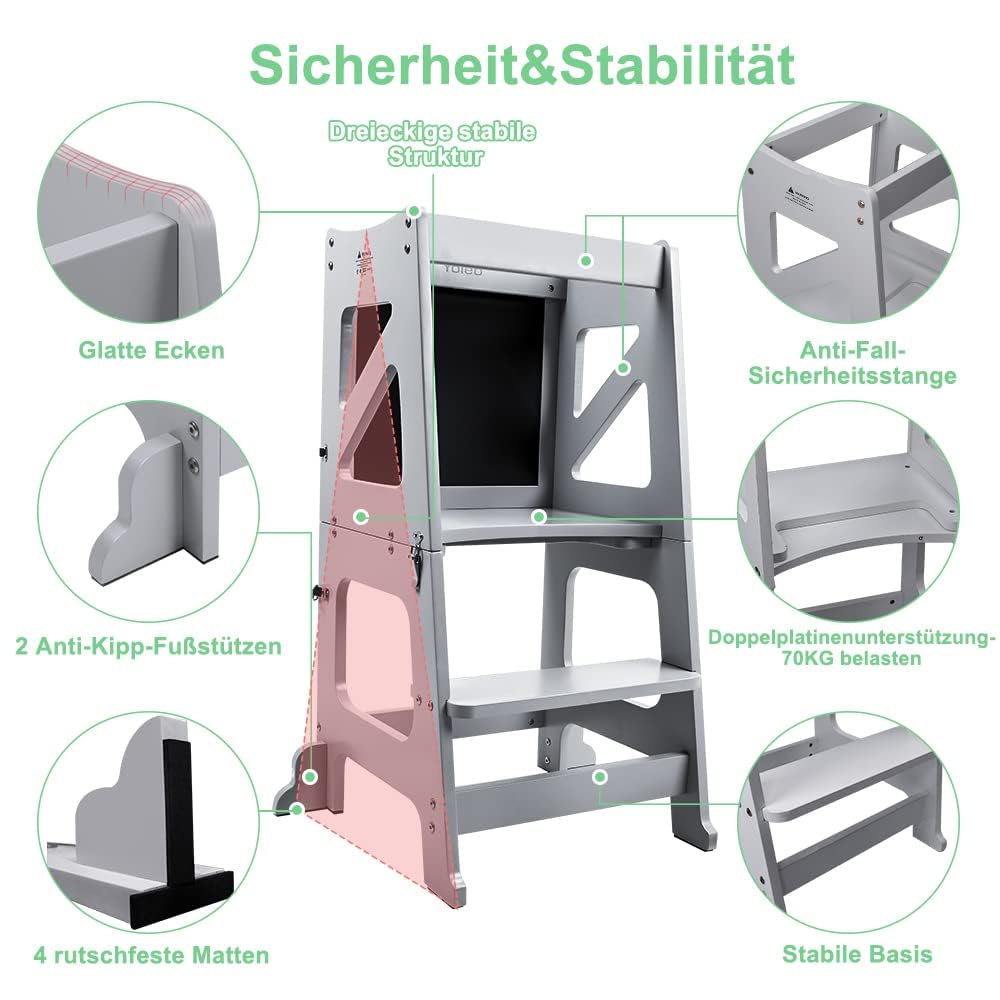 YOLEO Lernturm ab 1 Jahr, 3 in 1 Learning Tower für Kinder, Klappbare Tritthocker mit Rausfallschutz, mit doppelseitiger magnetischer Tafel, Küchen-/Badezimmerhelfer (Grau)