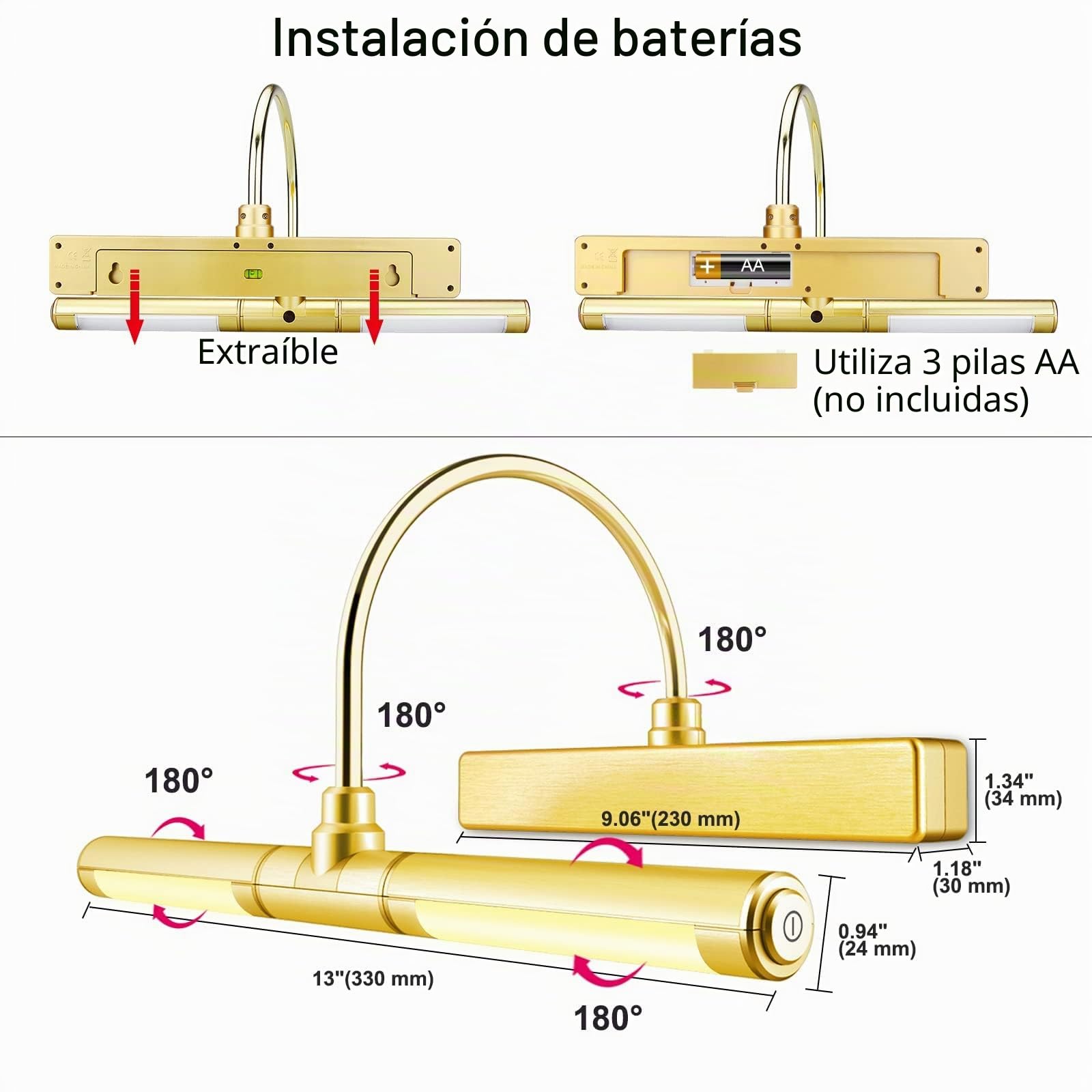 BIGLIGHT Aplique Pared Baño, Luz de Pintar con Mando a Distancia, Brazo Oscilante Regulable de 180°, Marco para Interior, Pantalla LED para Cuadros y Obras de Arte - ORO