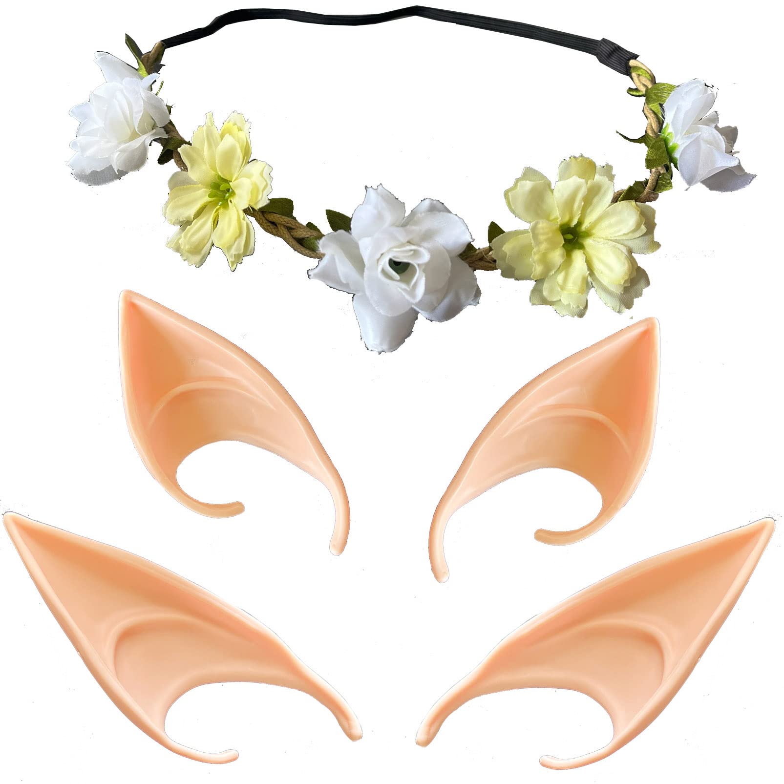 2 Pairs Elf Ear with Flower Crown Wreath for Dress Up Costume Cosplay Photo Props Halloween Christmas Wedding