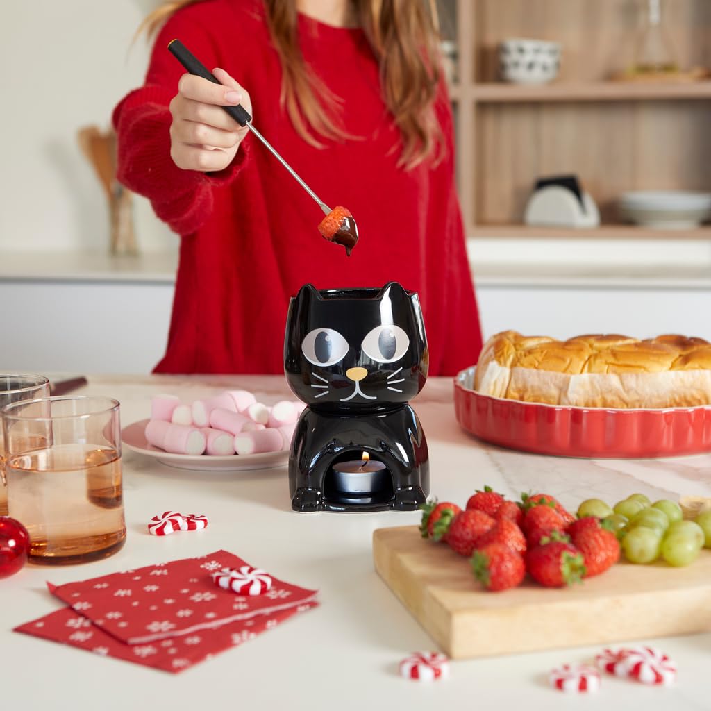 Balvi Fondue Wake Cat Color Negro Termosensible, el Gato Abre los Ojos Cuando se calienta Cerámica