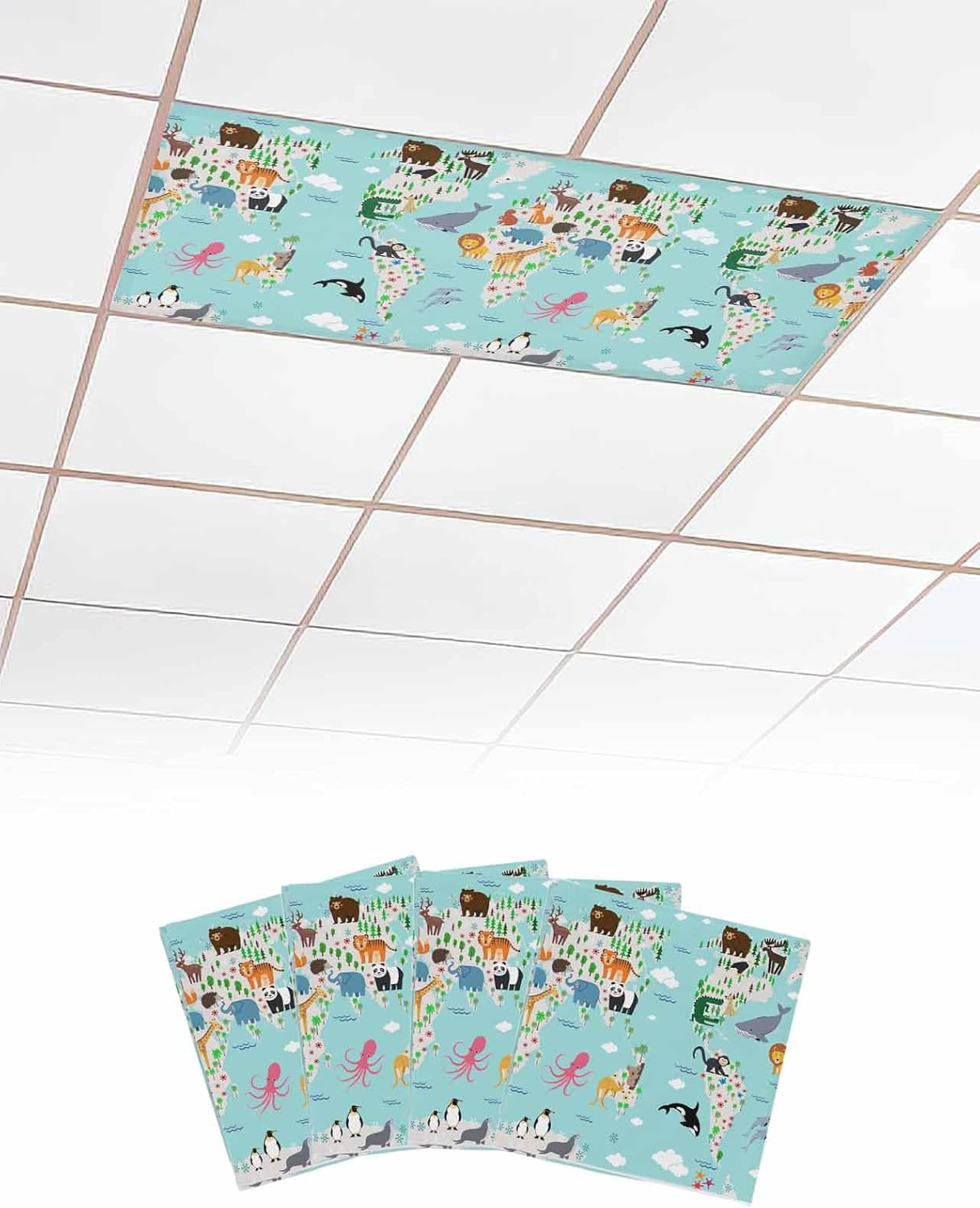 Turquoise Ocean Fluorescent Light Covers for Ceiling Lights 4x2 feet,4 Pack Magnetic Light Filters for Classroom,Funny Cute Animals Clouds Cartoon Fluorescent Lamp Shade Panel for Office School Drop