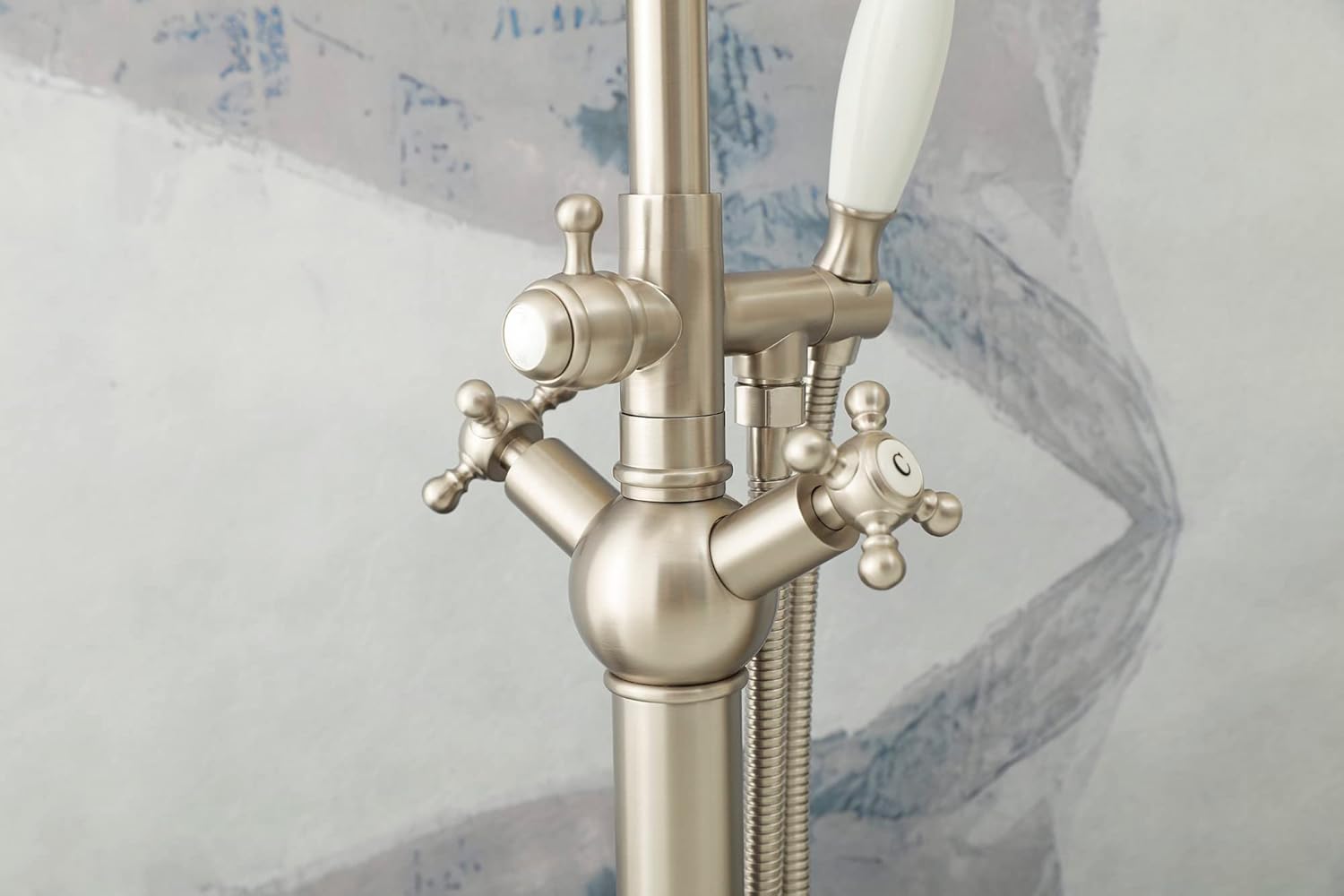 SITGES Solid Brass Freestanding Bathtub Faucet, Bathroom Floor Mount Tub Filler, Dual Function Double Cross Handles with Ceramic Hand shower, Brushed Nickel