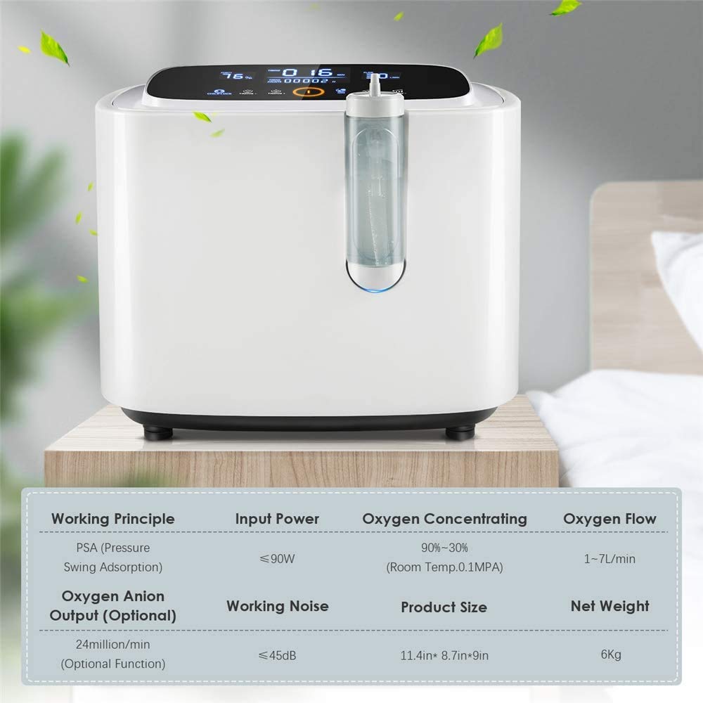 Concentratore di ossigeno 1-7L / min 93% Dispositivo per ossigeno ad alto potere purificante 220V Macchina per ossigeno portatile regolabile per uso domestico e di viaggio (≤42dB)
