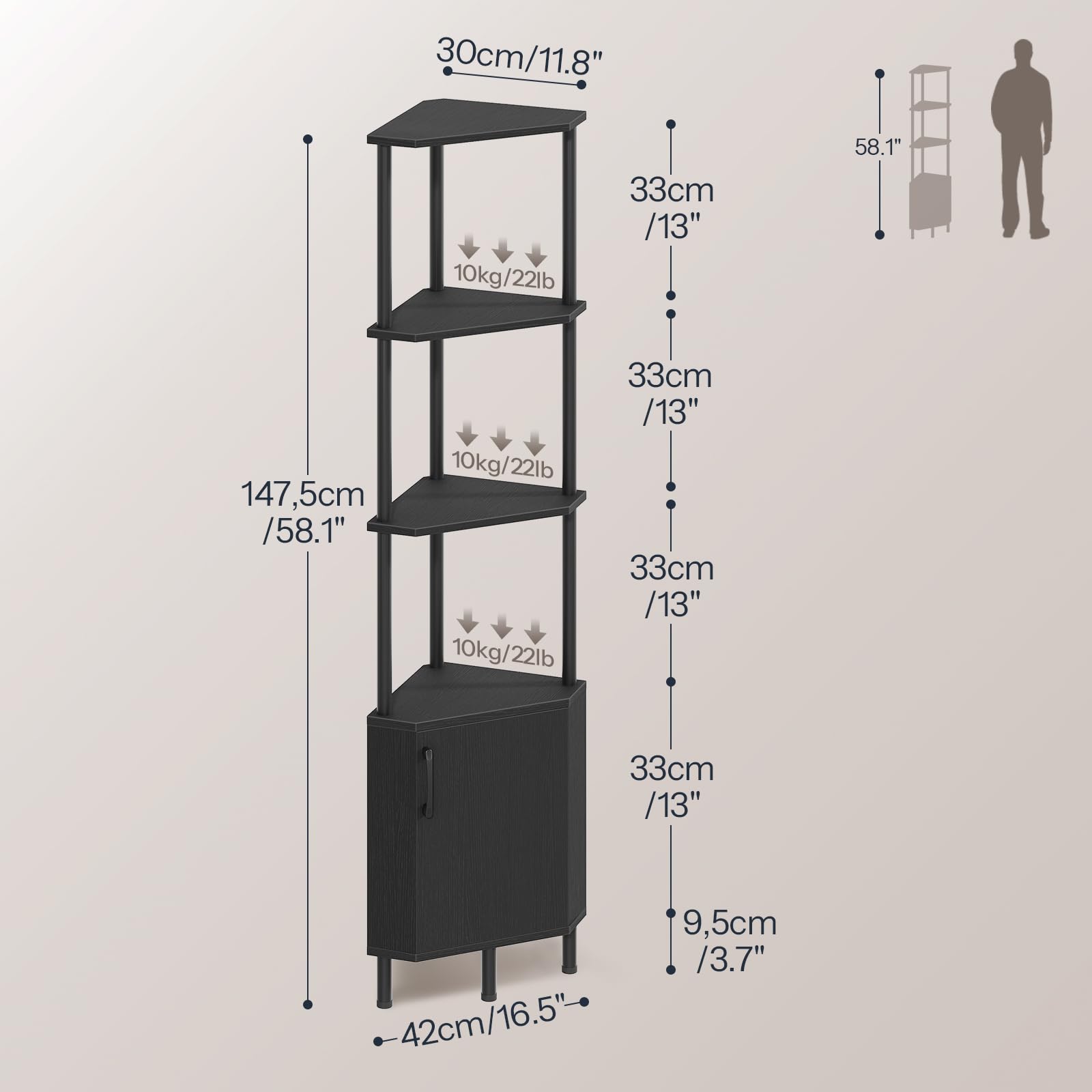 HOOBRO Estantería Esquinera, Librería con Luz LED y Armario, Estantería de Exhibición de Estilo Industrial, Mueble para Baño, Sala de Estar, Estudio, Dormitorio, Cocina, Negro EBB147DCJ01