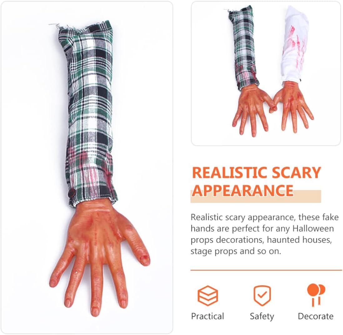 2pcs Realistic Fake Severed Hands Halloween Props Scary Hand Decorations for Haunted House Party Props and Pranks Includes -Stained