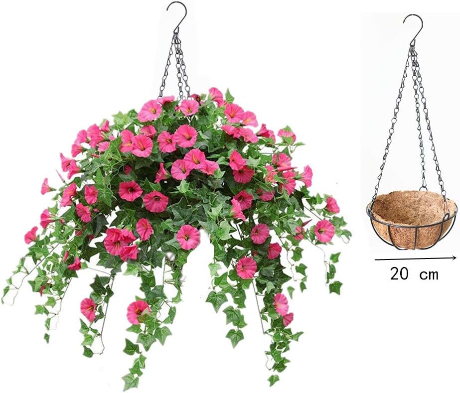 Hanging Basket Artificial Morning Golory Flower Vine Hanging Flowerpot with Chain Silk Ivy Flower Vines for Balcony Garden Decoration, Red (A Small Basket and Artificial Flowers)