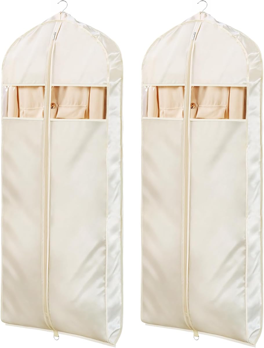 Univivi Satin Garment Bags for Hanging Clothes, Apricot, 60 Inch, 2 Pack | Soft Silk Garment Bag Zippered Dress Cover with Gussets and Clear Window, Breathable and Non-smell for Shirts, Coats, Jackets