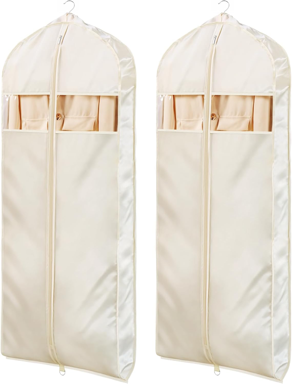 Univivi Super Soft Satin Garment Bags for Hanging Clothes, 60 Inch Zippered Dress Cover with Gussets, Breathable & Non-smell for Dresses, Coats, Jackets, Shirts, 2 Pack – Apricot