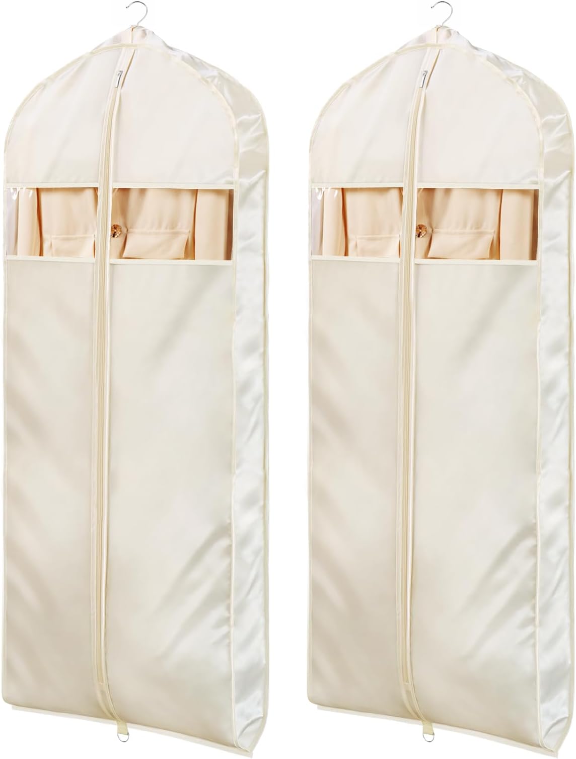 Univivi Super Soft Satin Hanging Garment Bags, 60" Dress Bags Covers Long with Zipper, Dress Covers Full Length with Gussets, Breathable & Non-smell for Dresses, Coats, Jackets, Suit, 2 Pack - Apricot