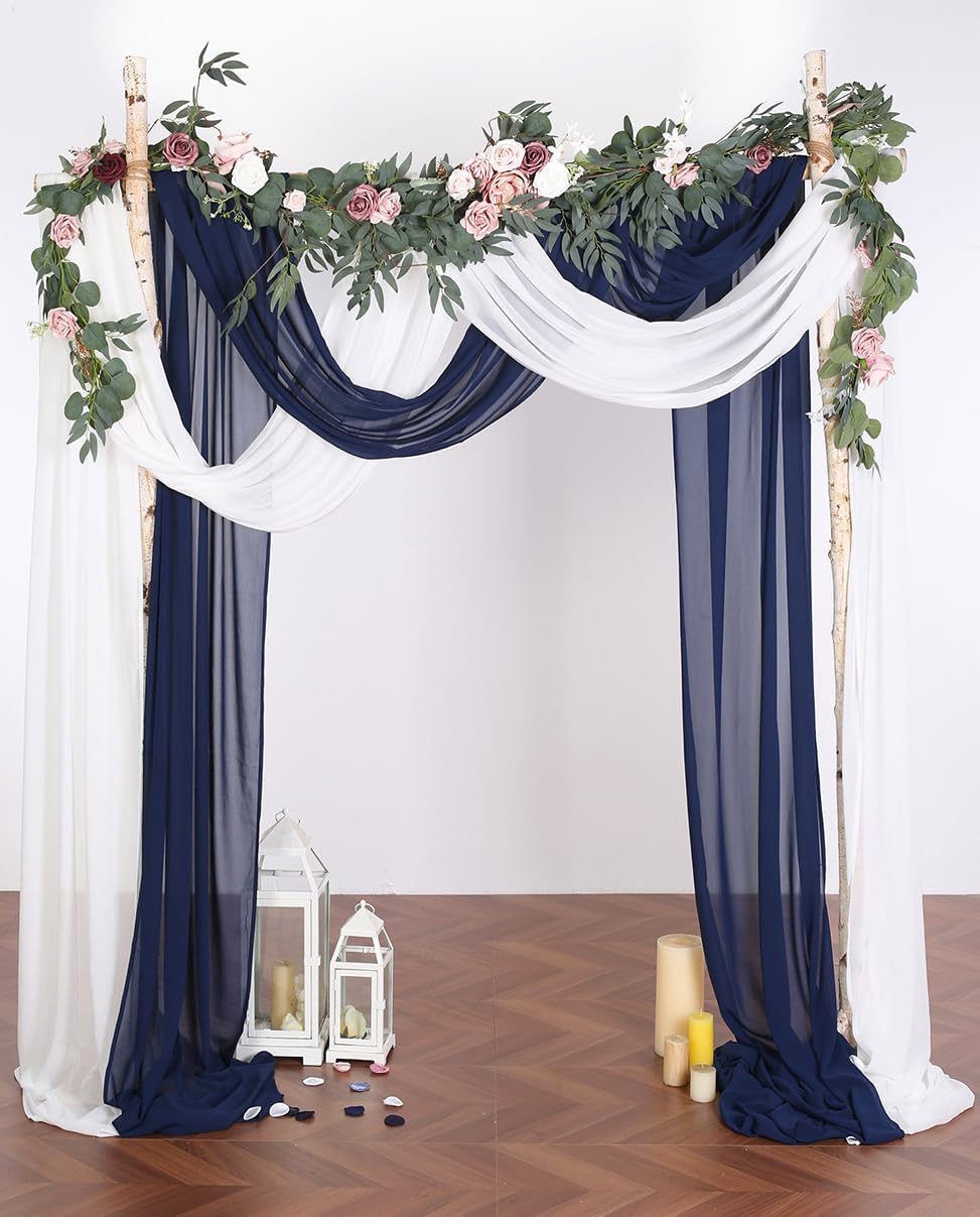 2 Panels 30Ft Chiffon Wedding Arch Drapes Draping Fabric for Wedding Ceremony Party Reception Backdrop (Navy Blue & White)