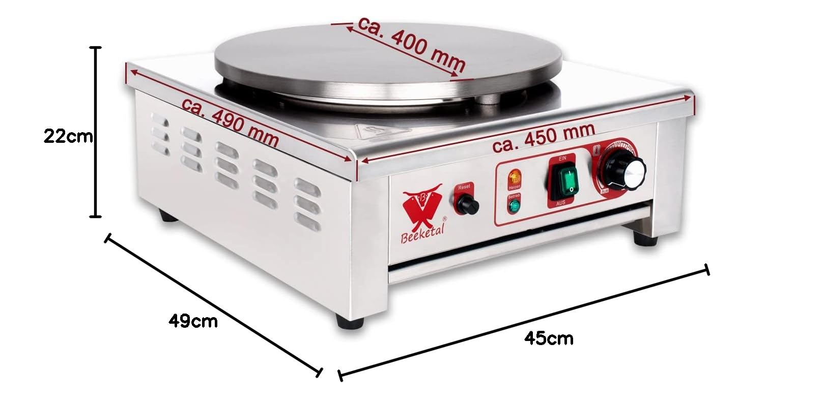 Beeketal 'BC40-1' Gastro Crepes Maker mit Ø 400 mm Gusseisen Crepesplatte, 50-300 °C stufenlos einstellbar, Profi Crepiere im Edelstahl Gehäuse mit extra Schublade