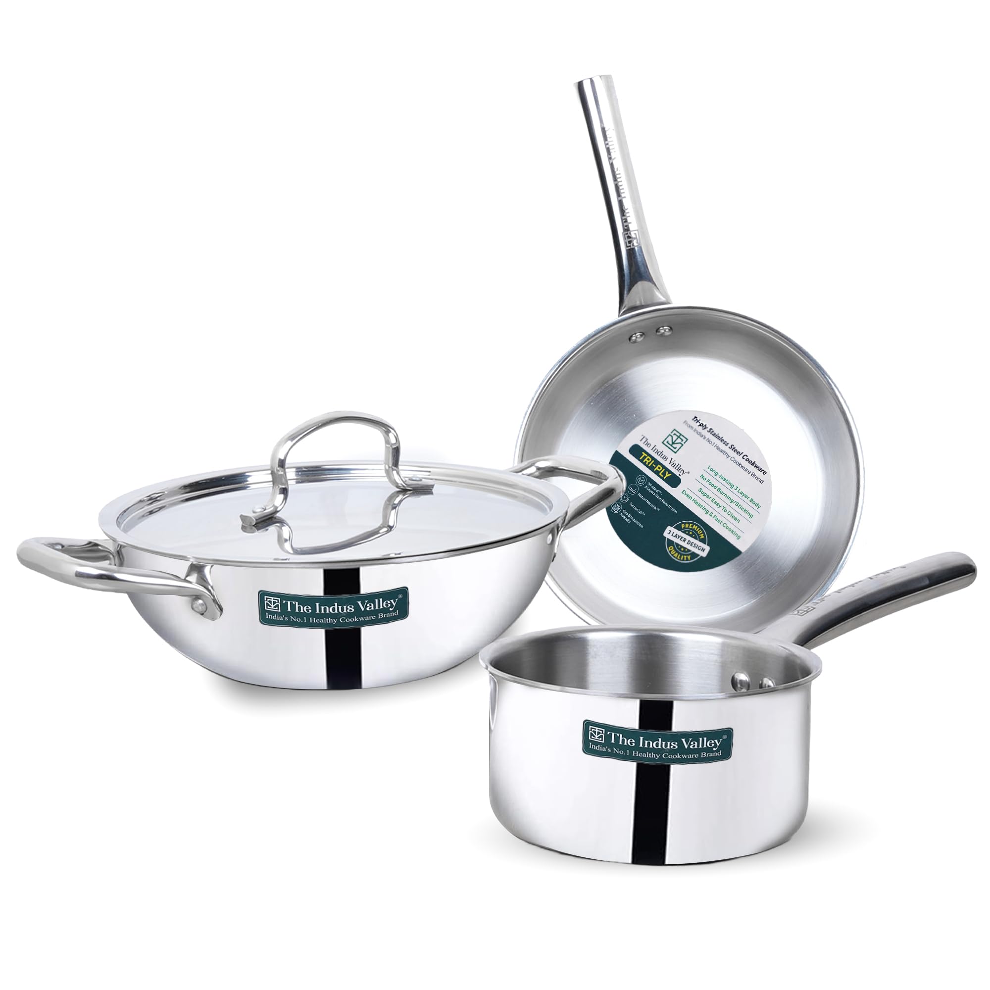 The Indus Valley Triply Stainless Steel Cookware Set of 4Pcs | Kadai (24 cm/3 L)+ Fry Pan (22 cm/1.5L) + Sauce Pan (16cm/1.7L) | Kitchen Cooking Combo Pots & Pans Set | Naturally Nonstick
