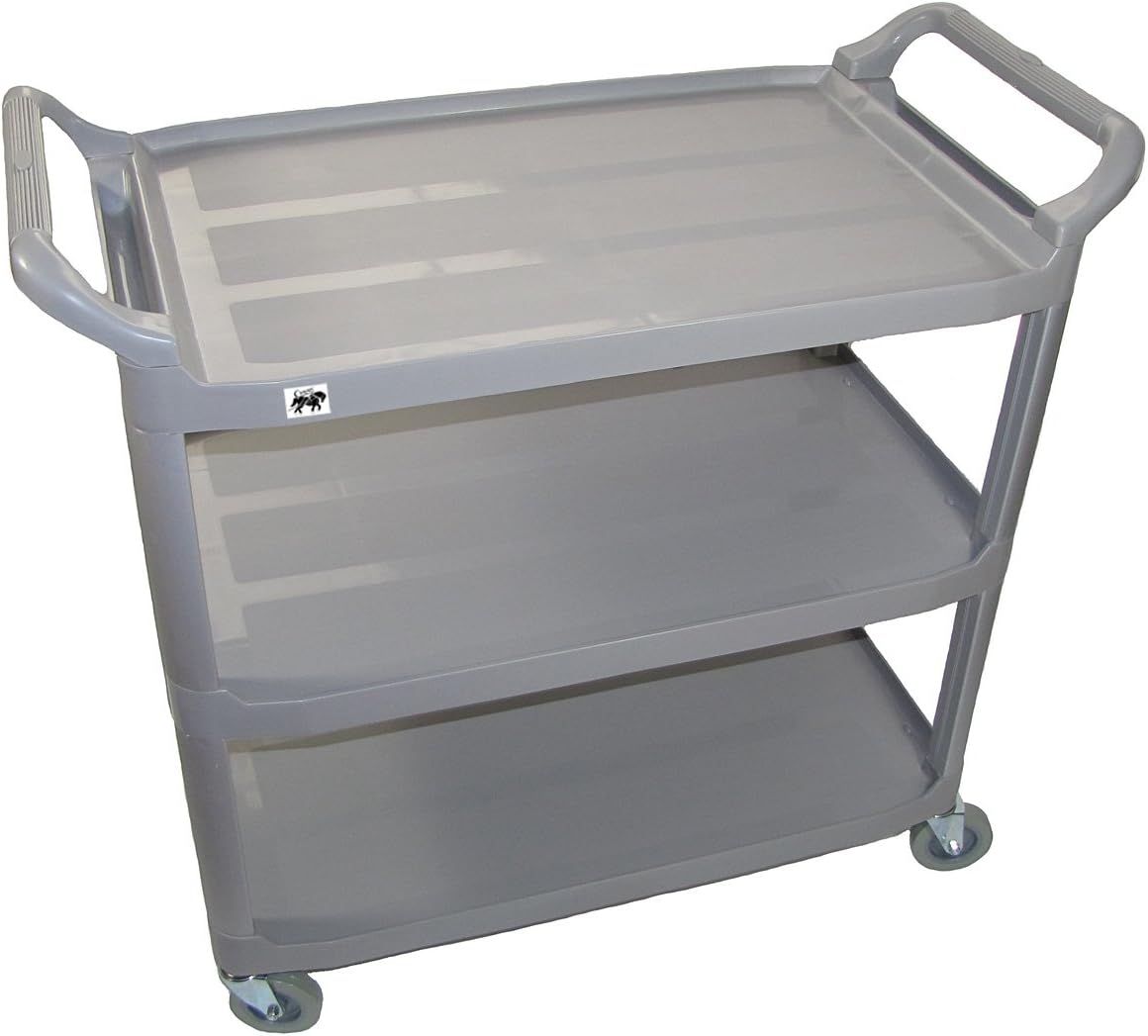 Food Service Cart, 3 Shelf Utility Cart, Rolling Bus Cart, Heavy Duty Plastic Shelves, MPC3SM-G, Gray, Small