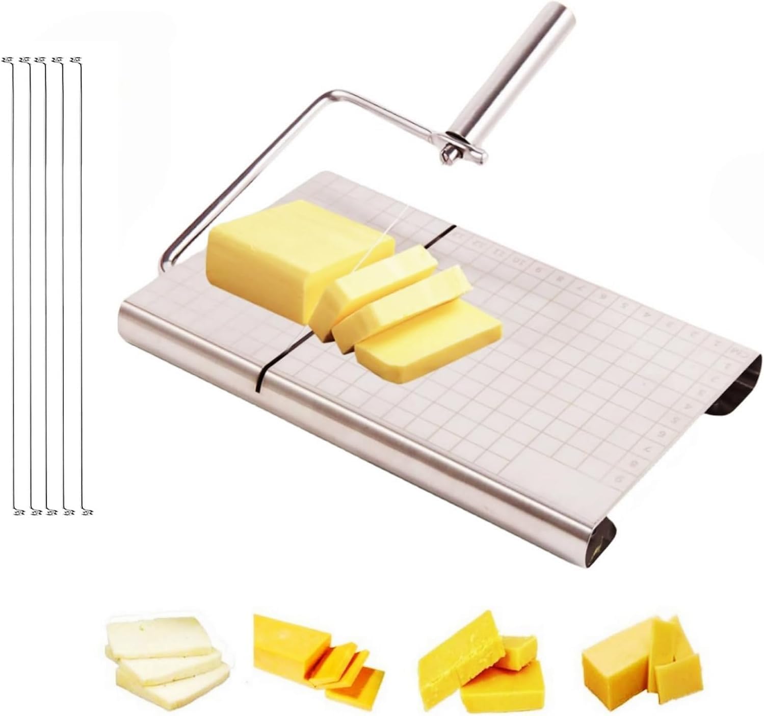 Cheese Slicer Stainless Steel & 5 Replacement Wires, Metal Cheese Cutter and Cutting Board For Block Cheese Cheese Slicer Stainless Steel & 5 Replacement Wires, Metal Cheese Cutter and Cutting Board For Block Cheese