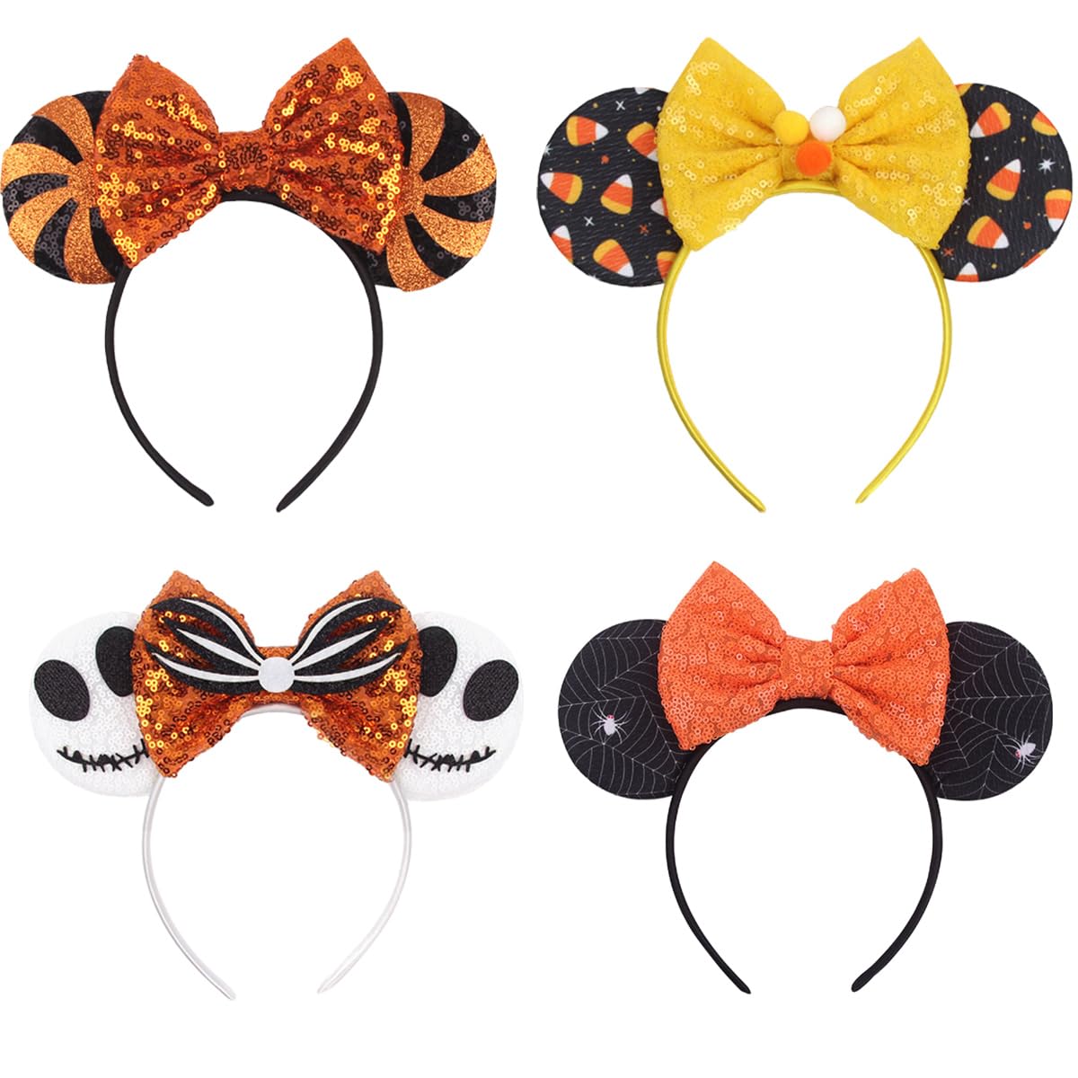 Halloween 4pcs Sequin Pumpkin Spider Ghost Cat Ear Headband Hair Accessories for Princess Cosplay Costume Party