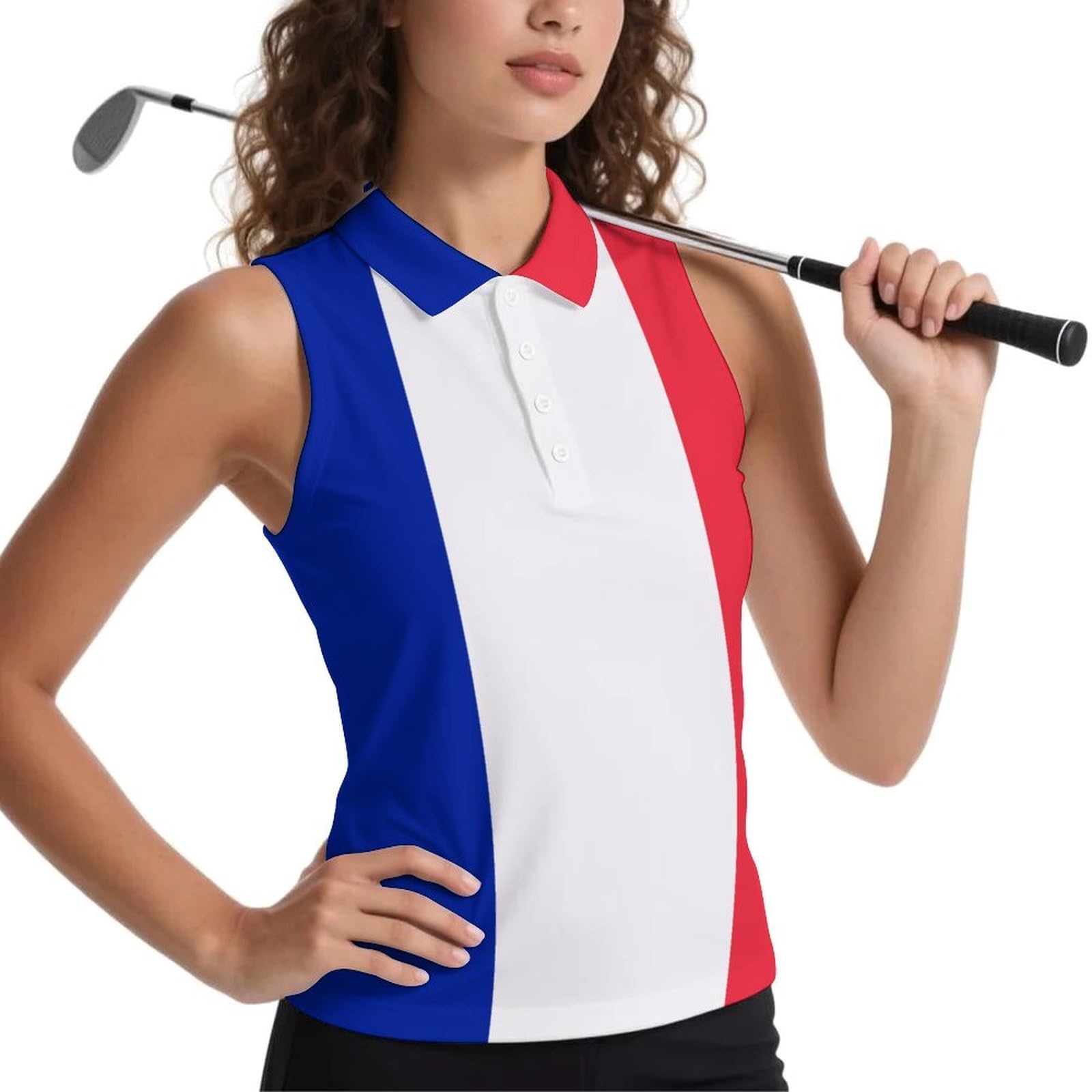 Polo Femme sans Manches Été, Débardeur Séchage Rapide Col Boutonné Respirant Léger, Géométrique Rectangulaire France Drapeau Imprimés Tee Shirt